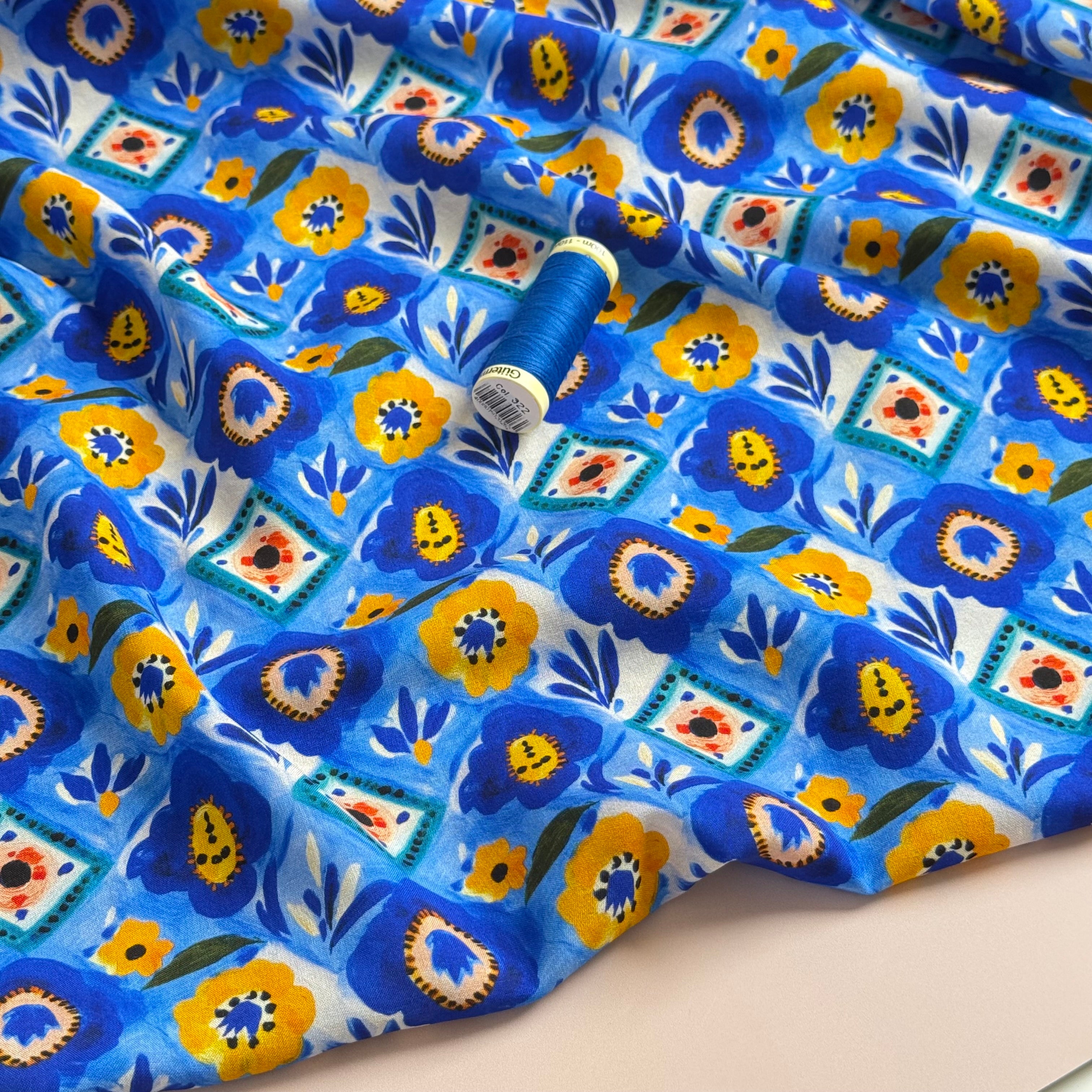 Ceramic Florals Cobalt Viscose Lawn Fabric