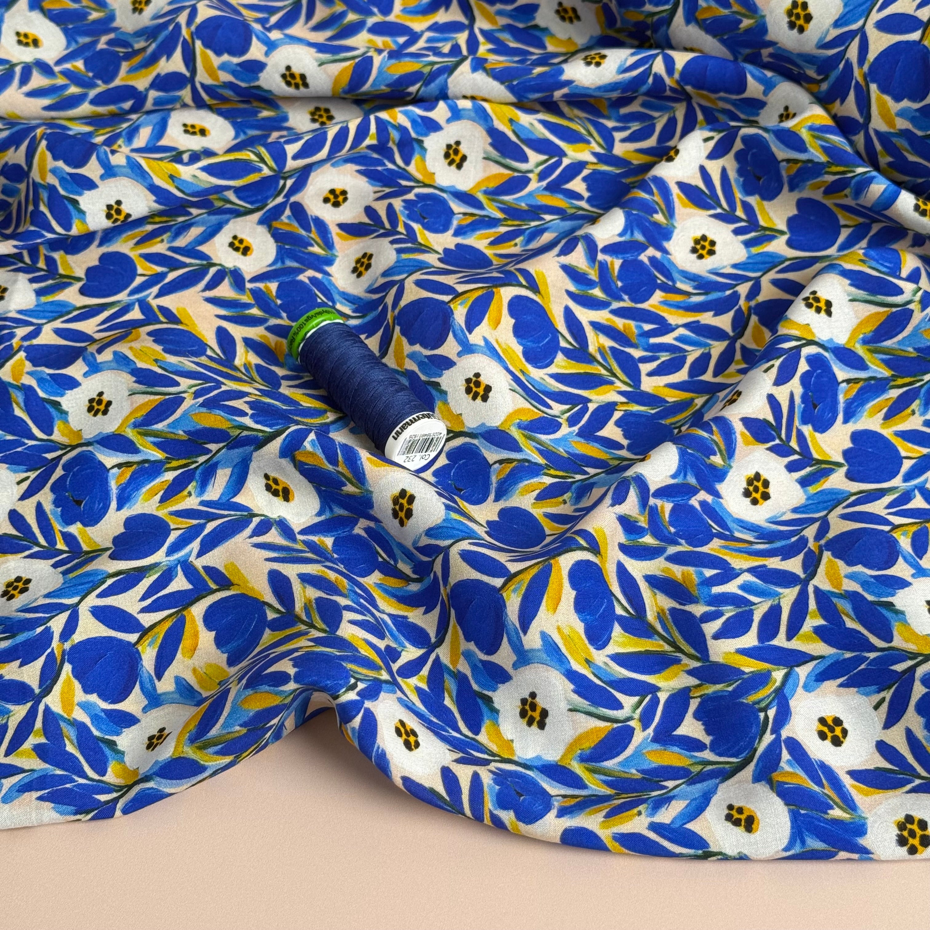 Cobalt Flowers Viscose Lawn Fabric