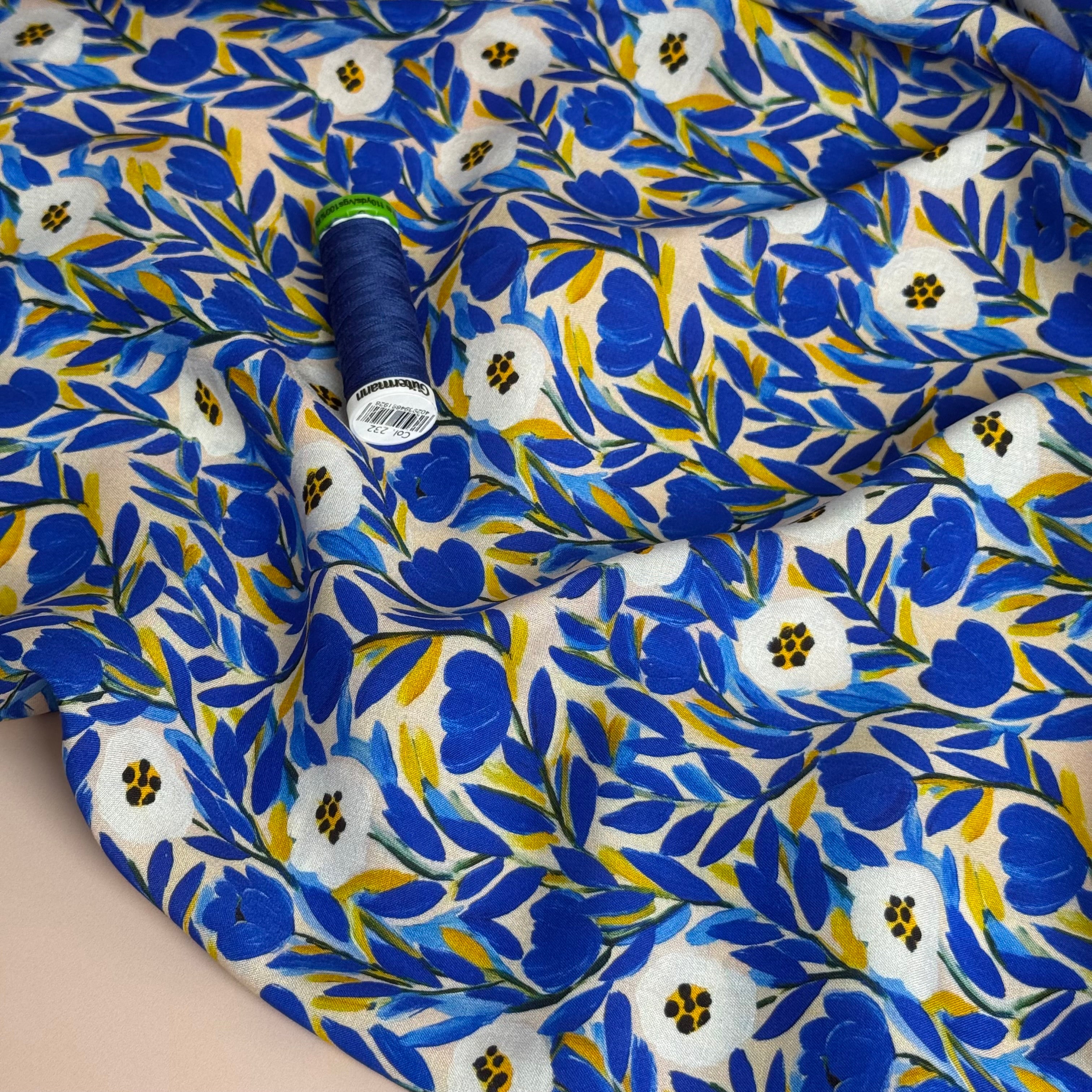 Cobalt Flowers Viscose Lawn Fabric