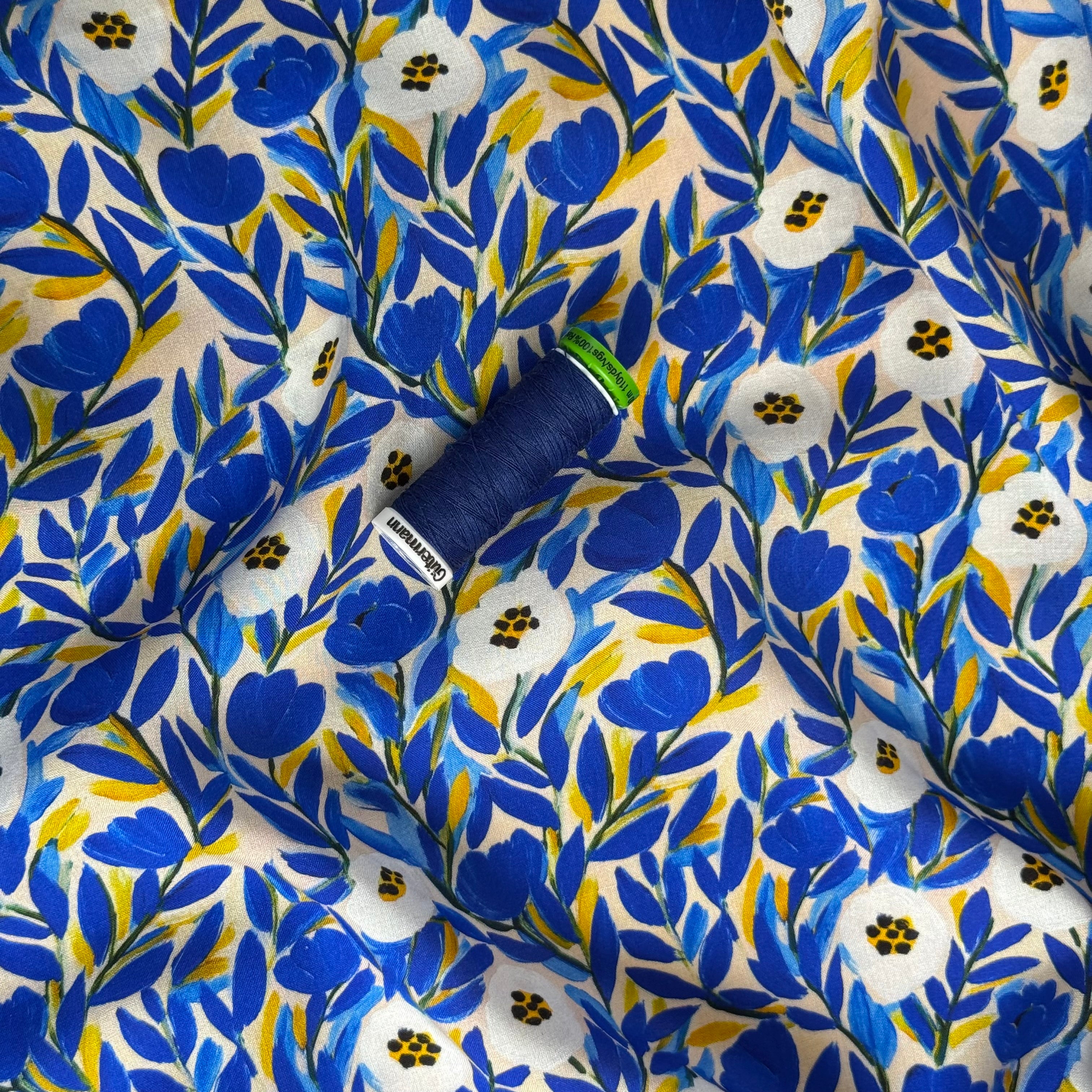 Cobalt Flowers Viscose Lawn Fabric