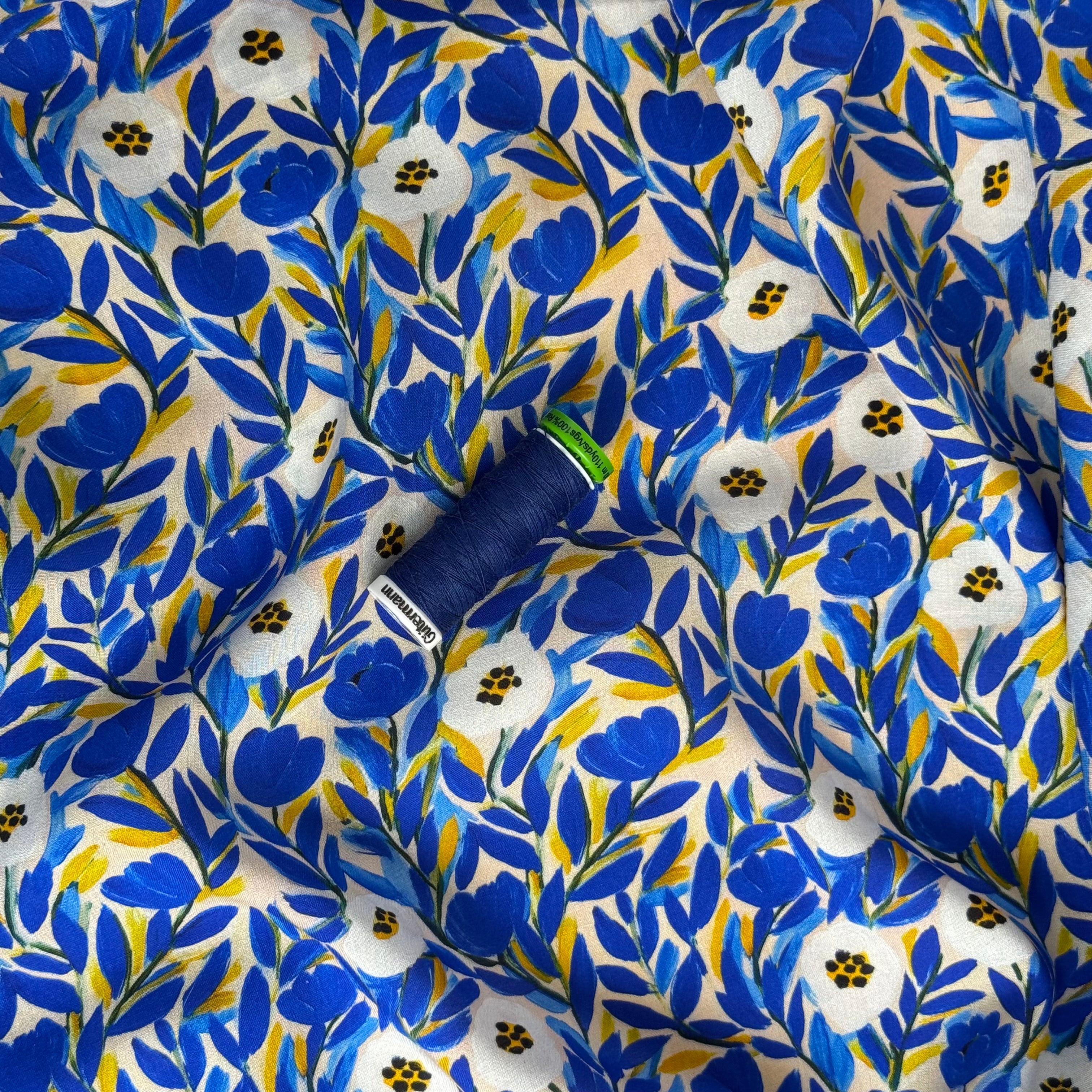 Cobalt Flowers Viscose Lawn Fabric