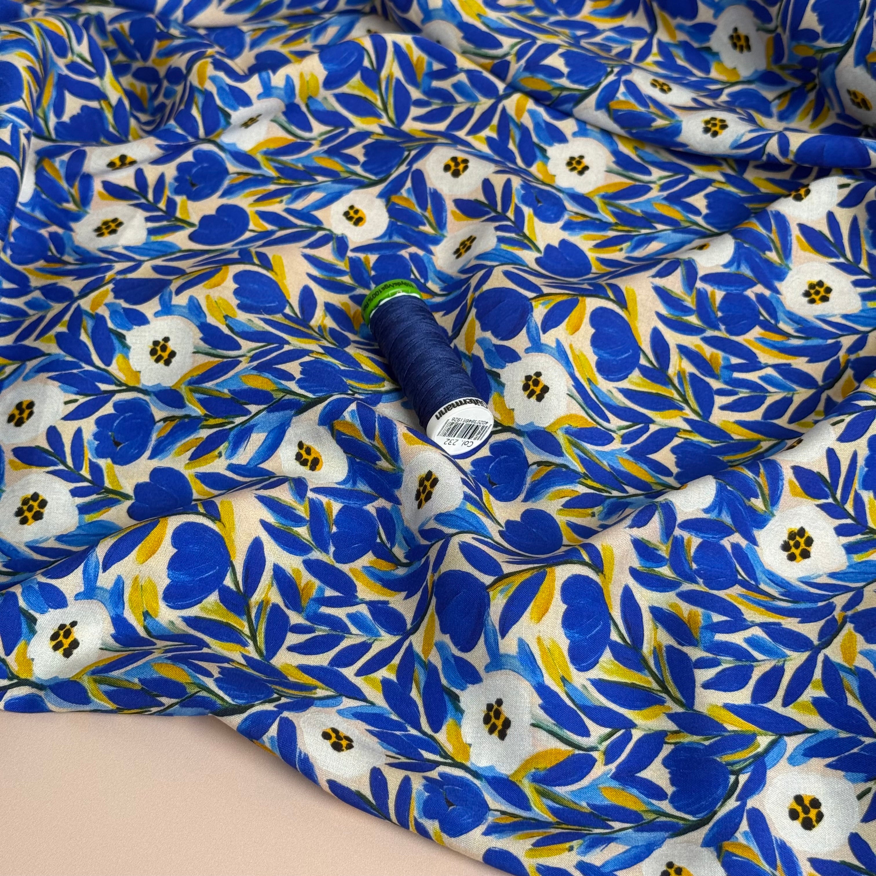 Cobalt Flowers Viscose Lawn Fabric