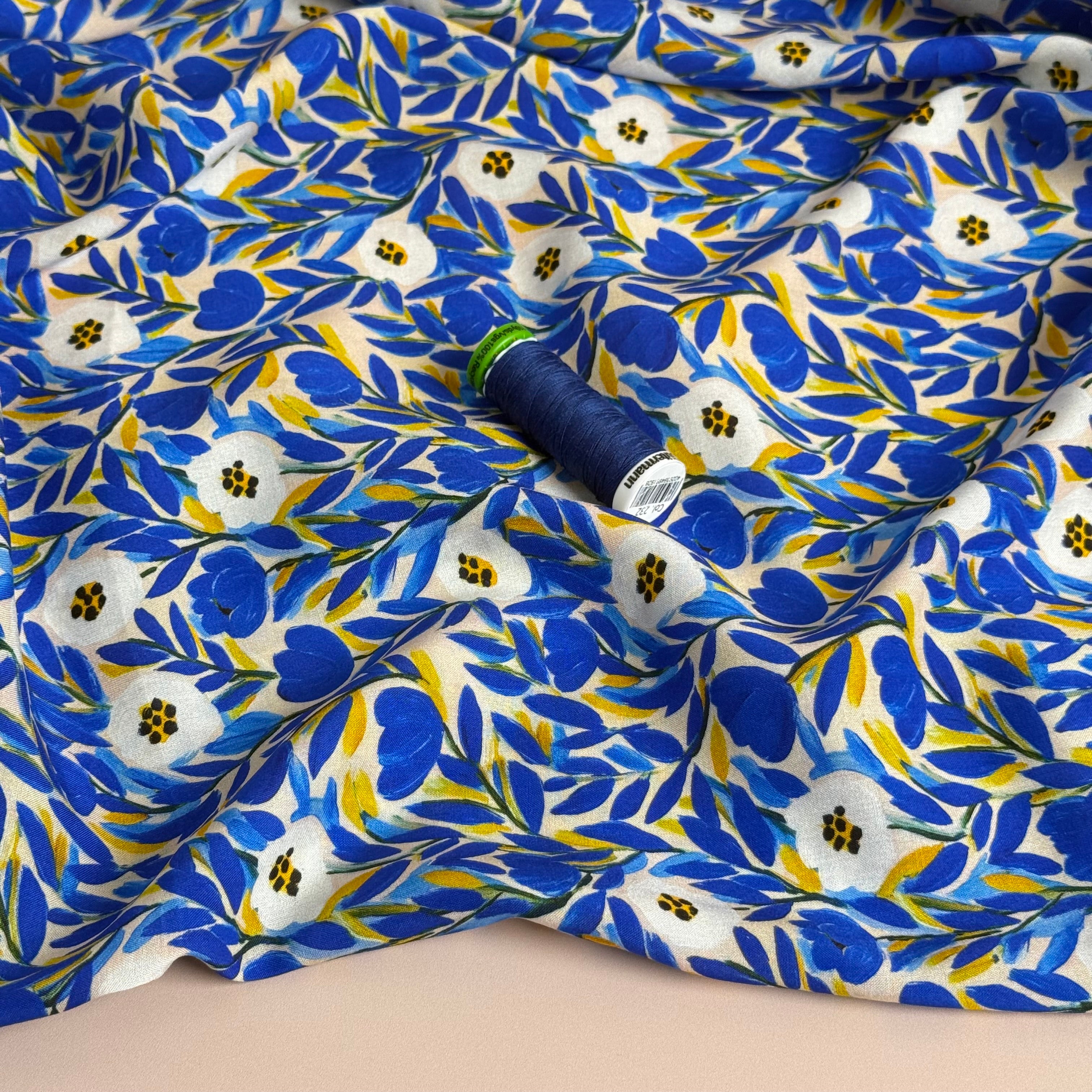 Cobalt Flowers Viscose Lawn Fabric