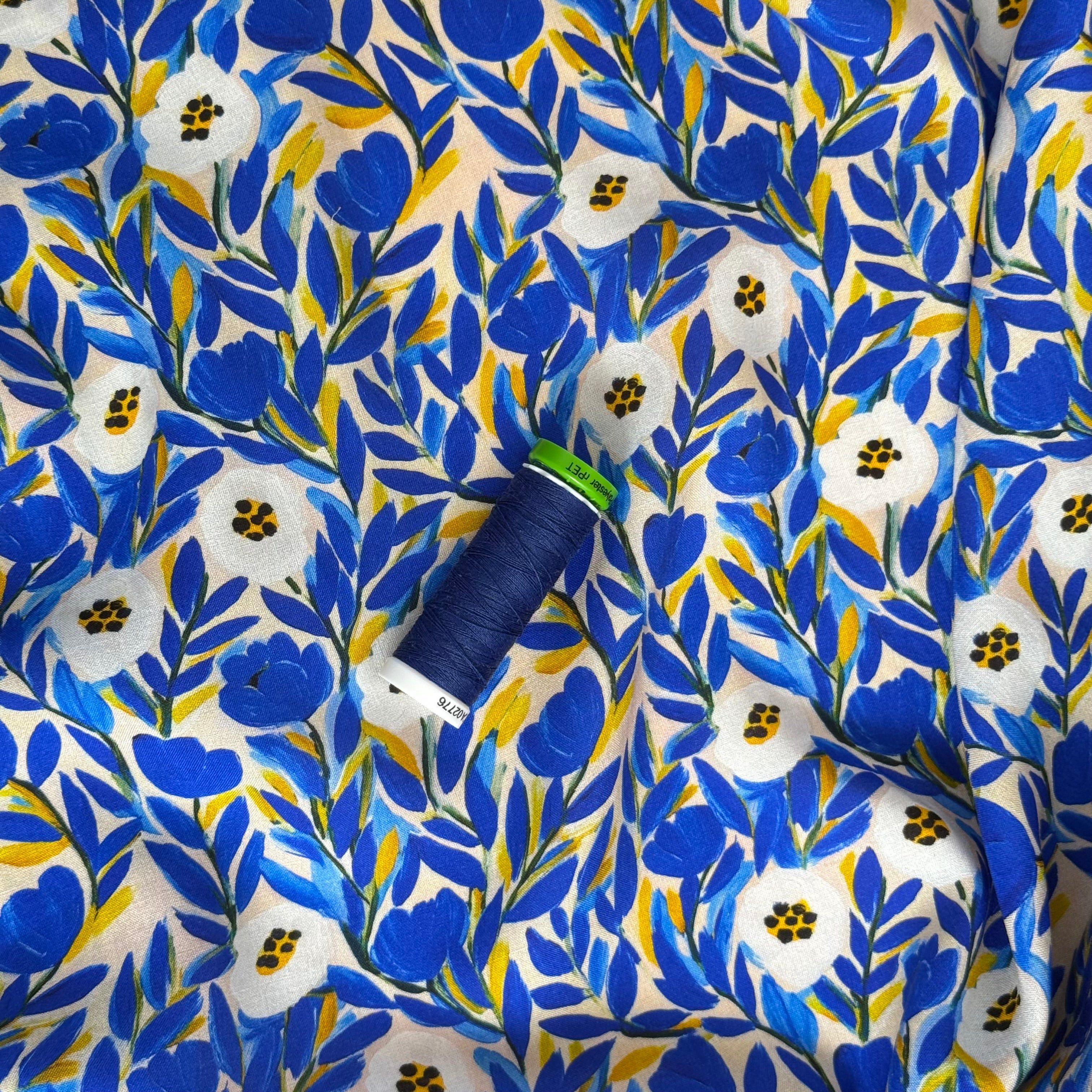 Cobalt Flowers Viscose Lawn Fabric