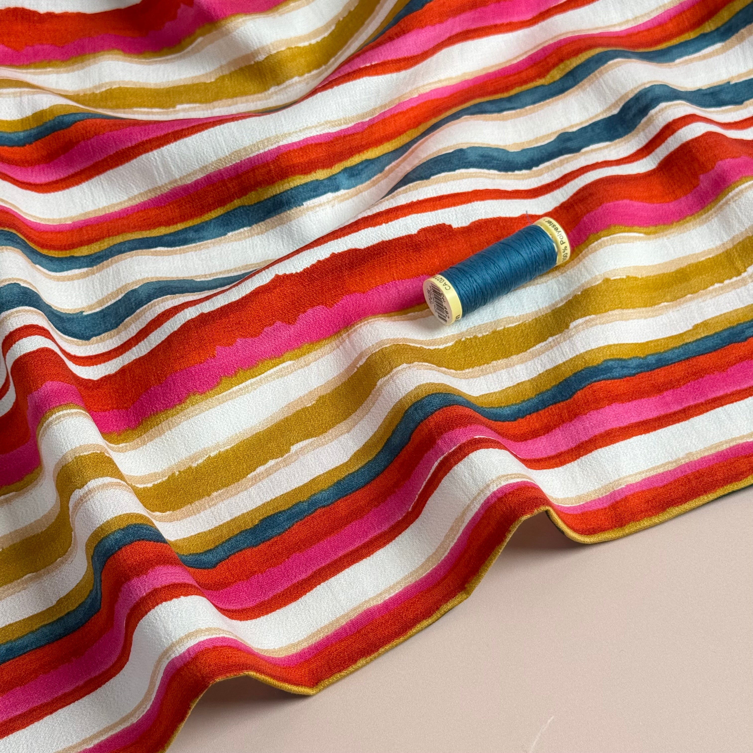 Coral Stripes Textured Viscose Fabric