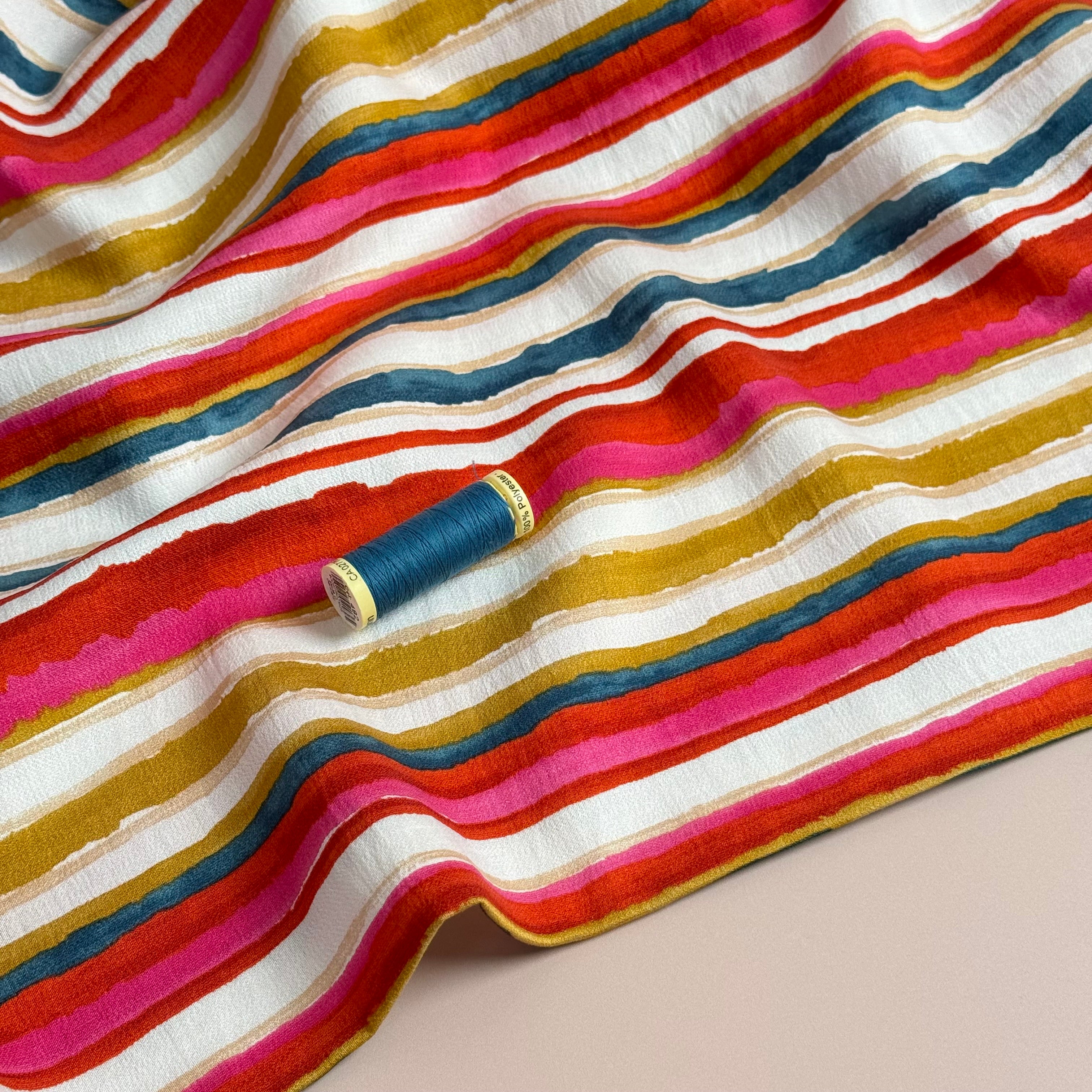 Coral Stripes Textured Viscose Fabric