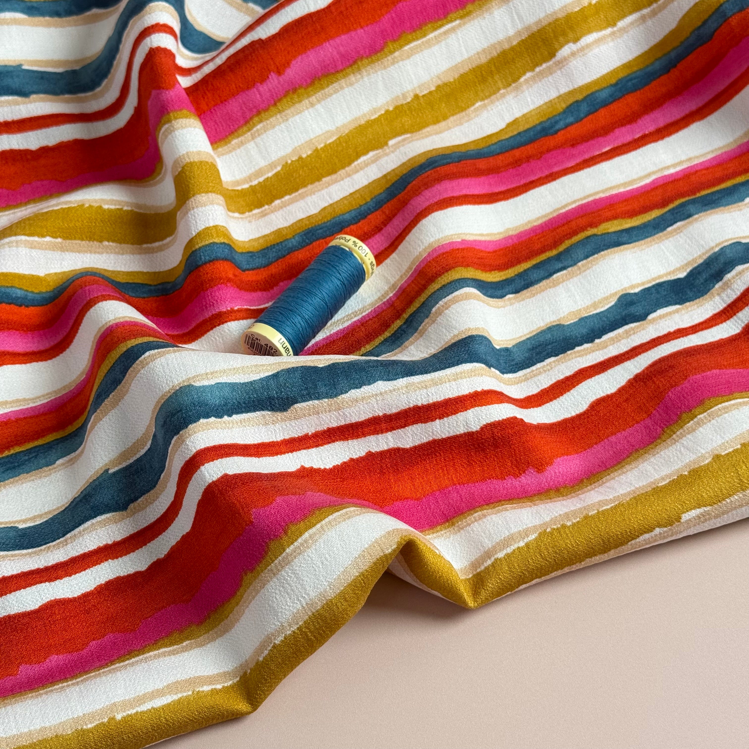 Coral Stripes Textured Viscose Fabric