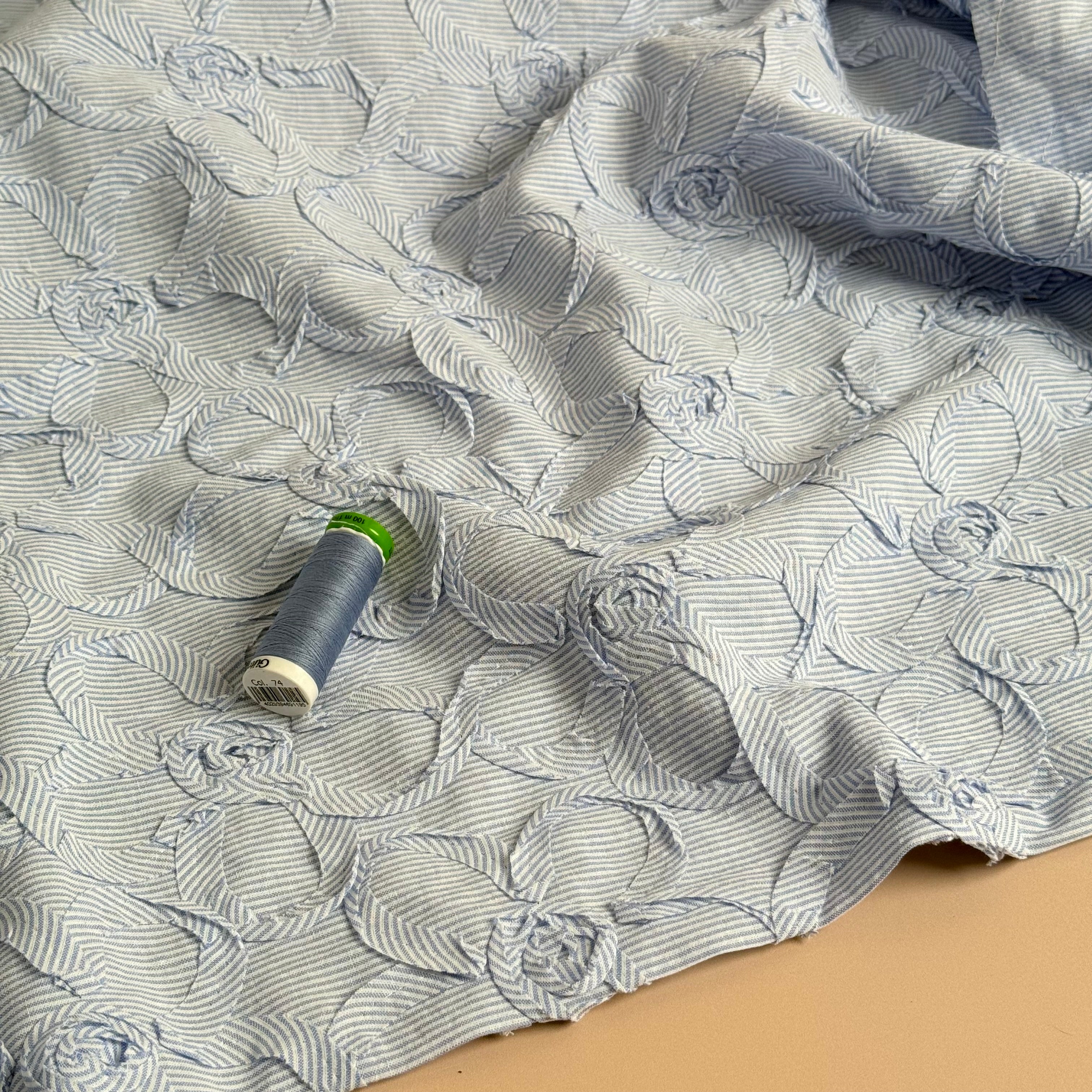 Appliqué Flowers on Striped Blue Cotton Fabric