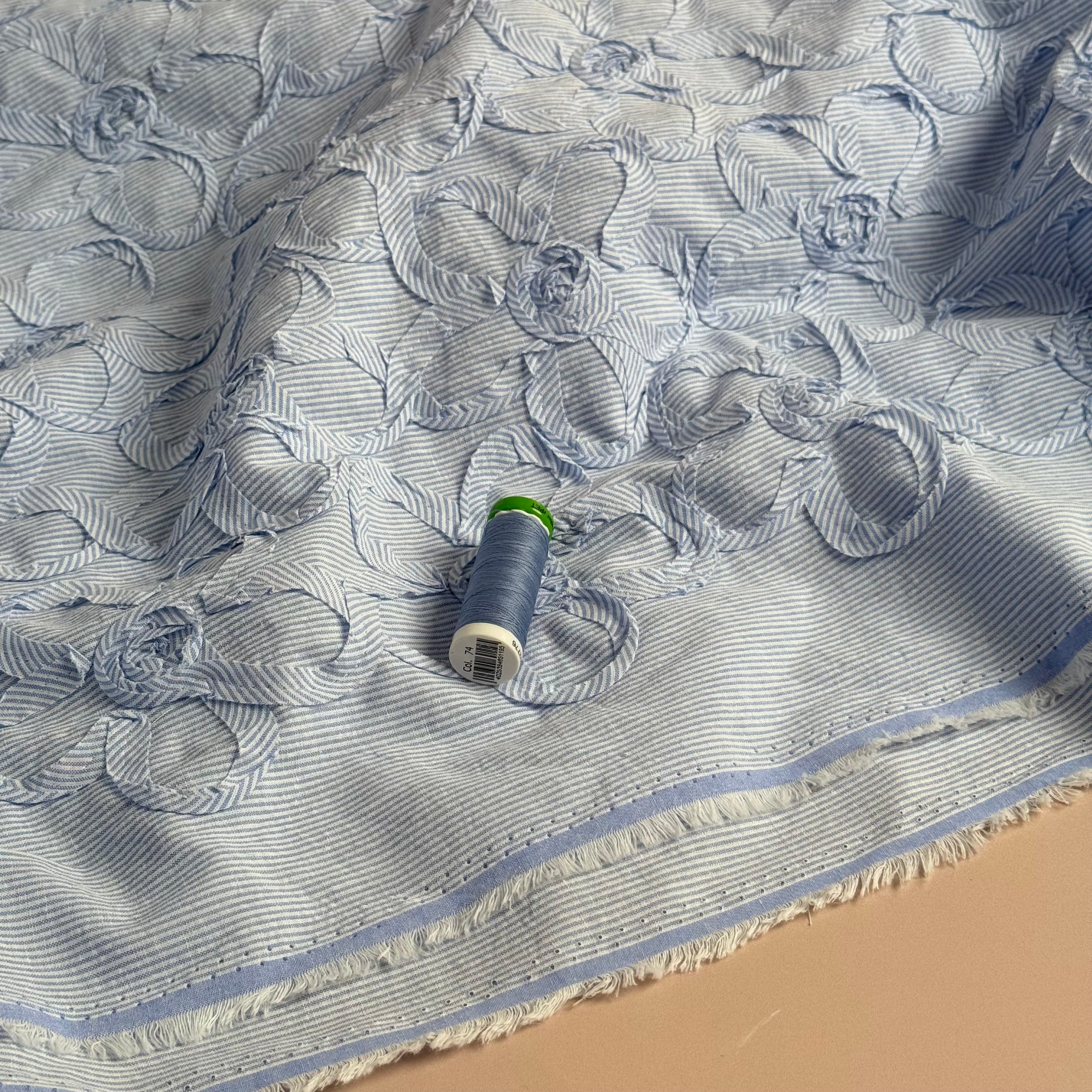 Appliqué Flowers on Striped Blue Cotton Fabric