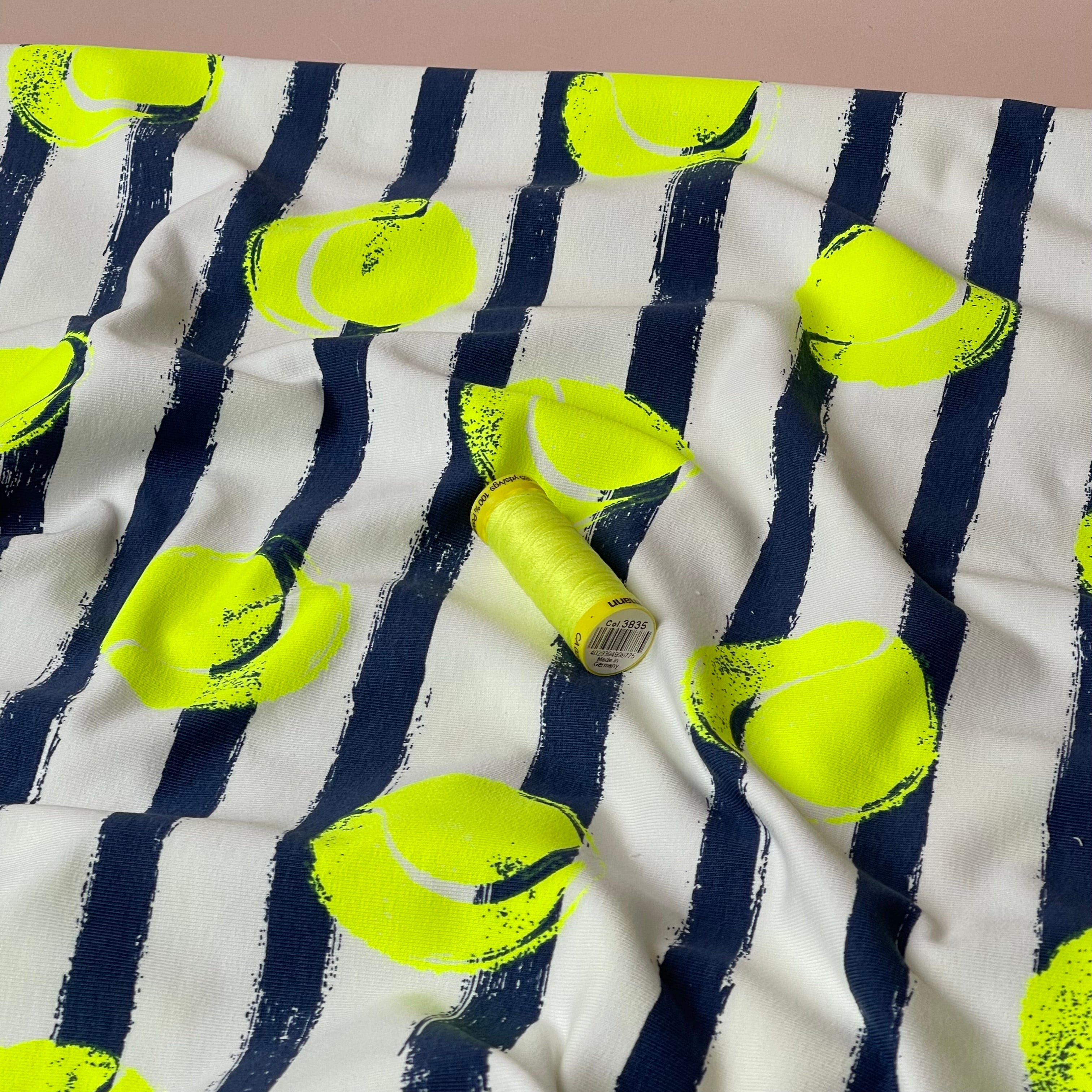 Neon Tennis Balls on Stripe Cotton French Terry