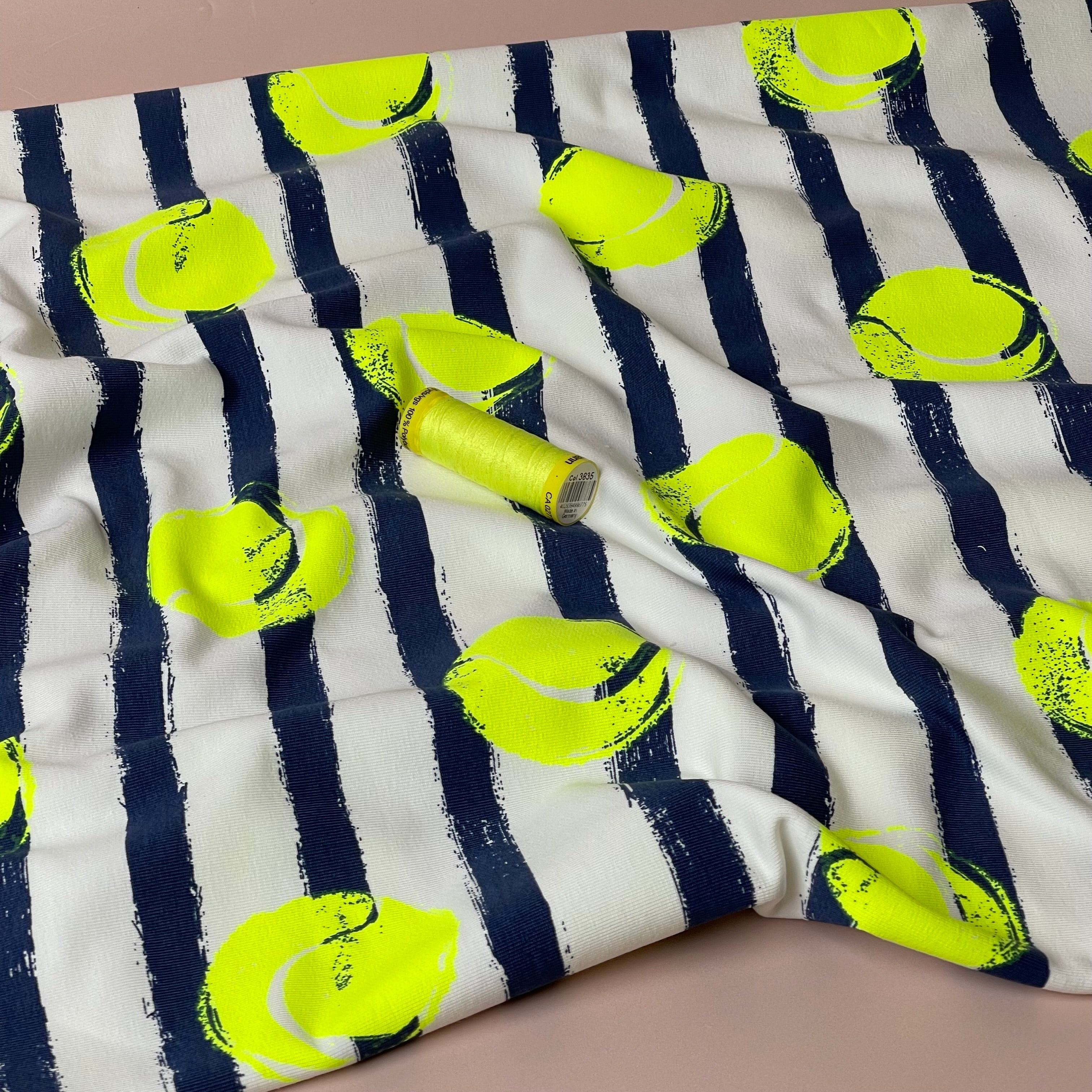 Neon Tennis Balls on Stripe Cotton French Terry