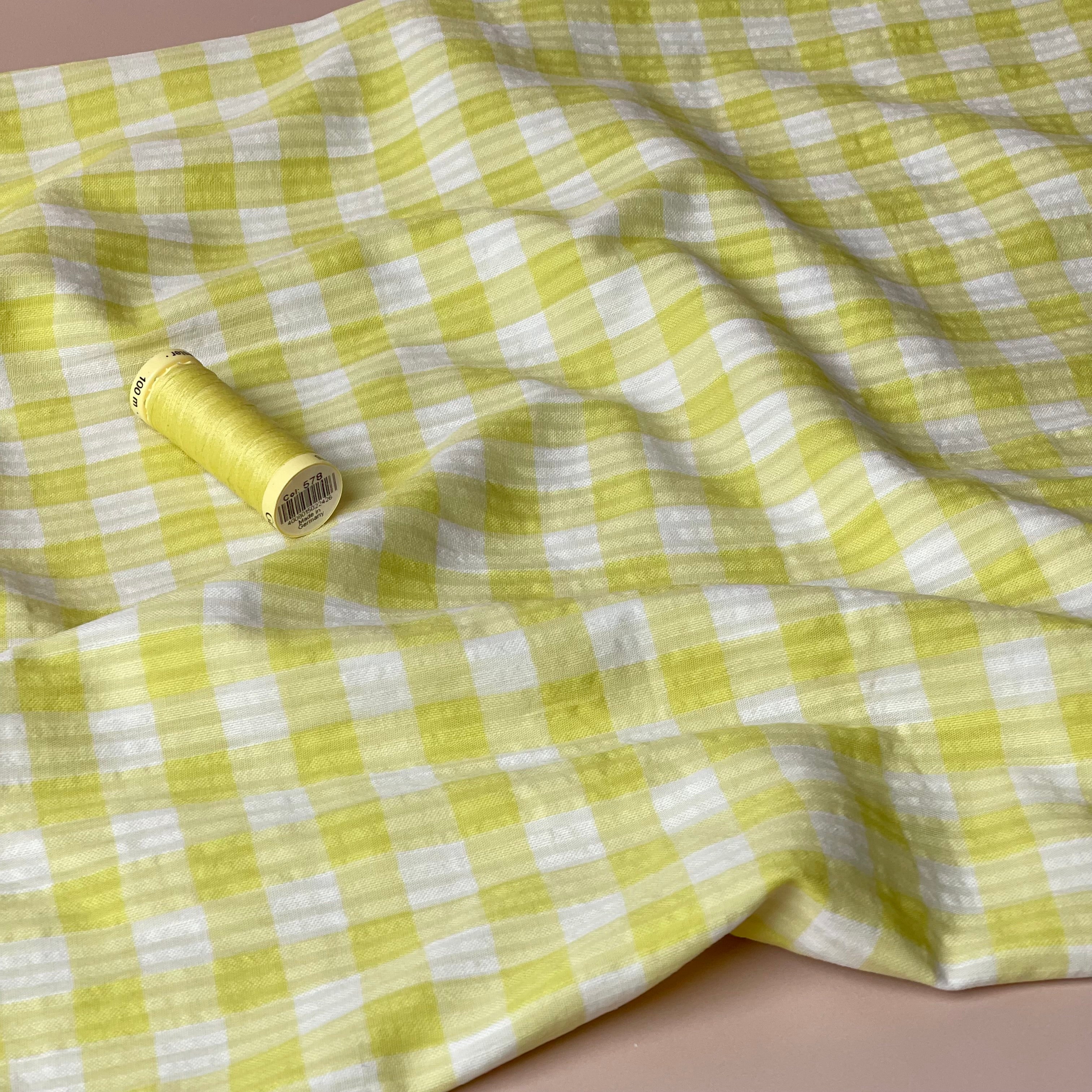 Yellow Gingham Cotton Seersucker Fabric