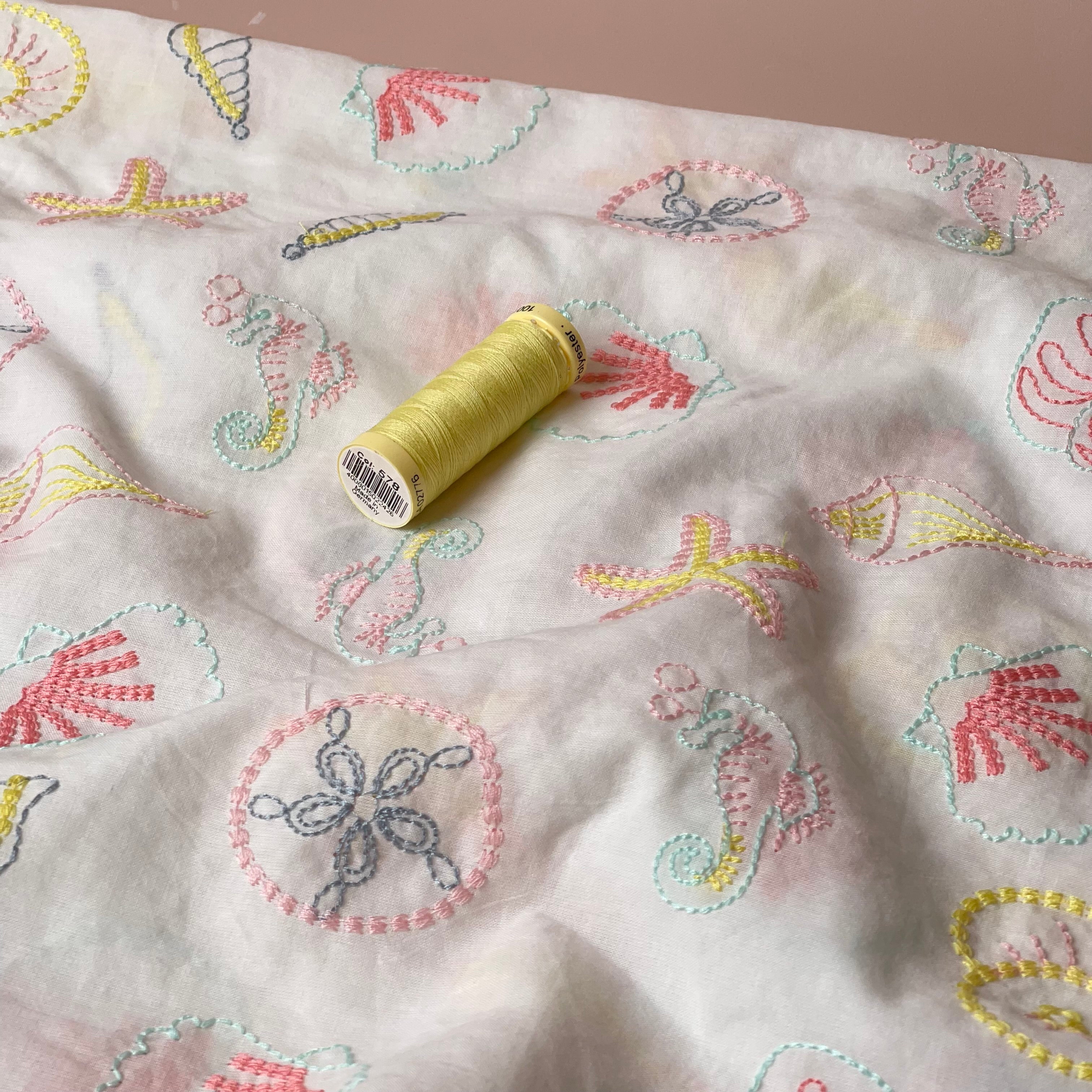 Embroidered Seashells White Cotton Voile Fabric