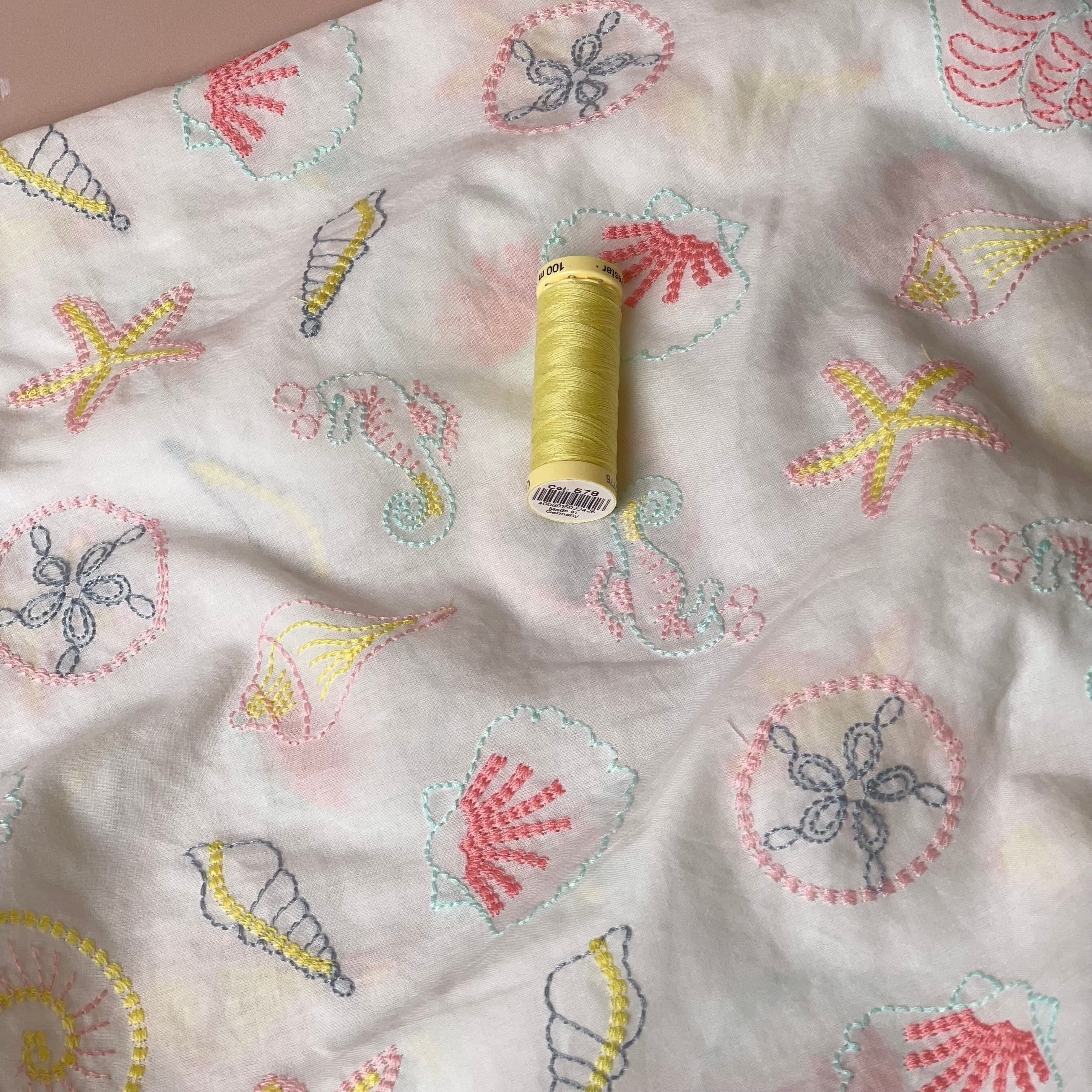 Embroidered Seashells White Cotton Voile Fabric