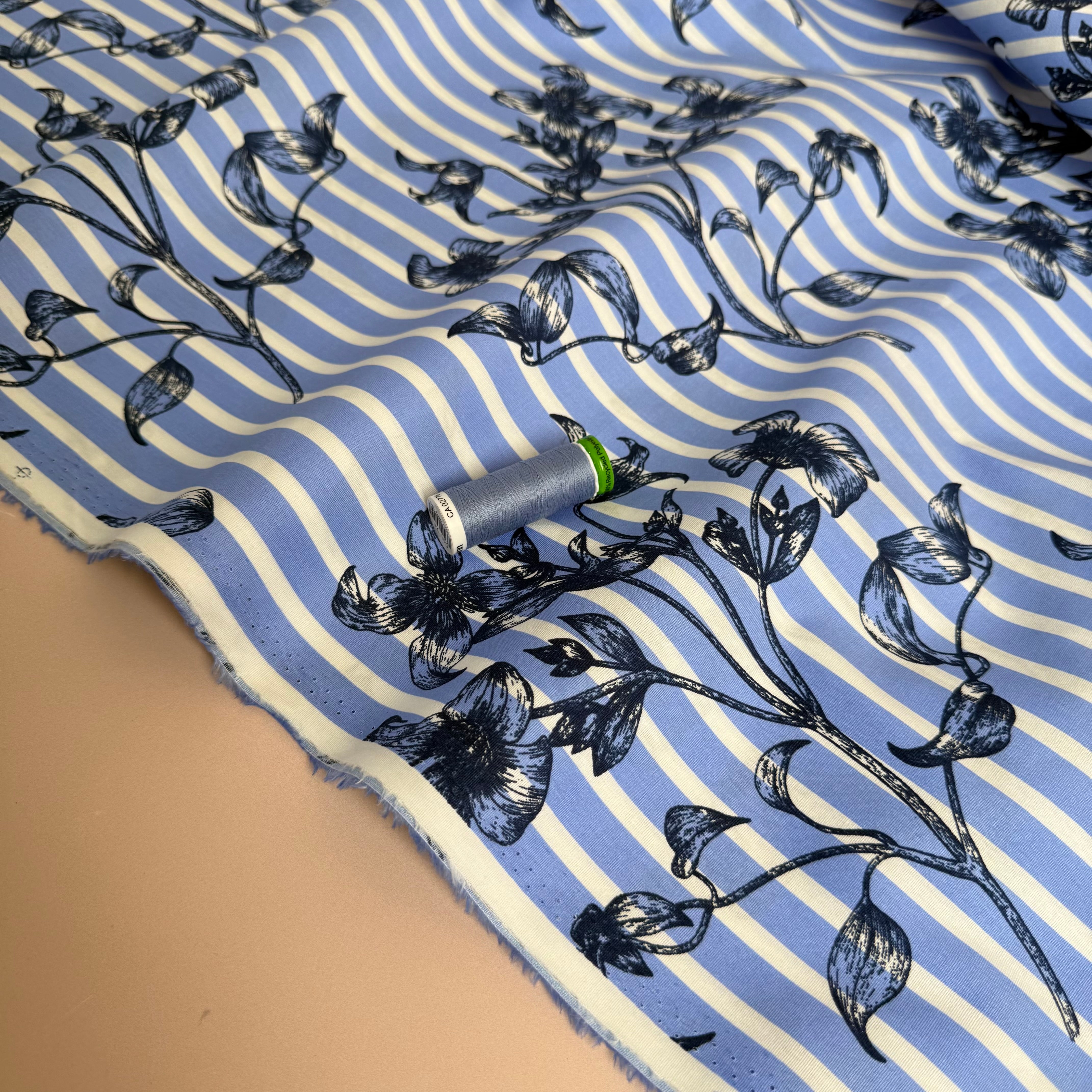 Blue Stripes and Plants Cotton Poplin Fabric