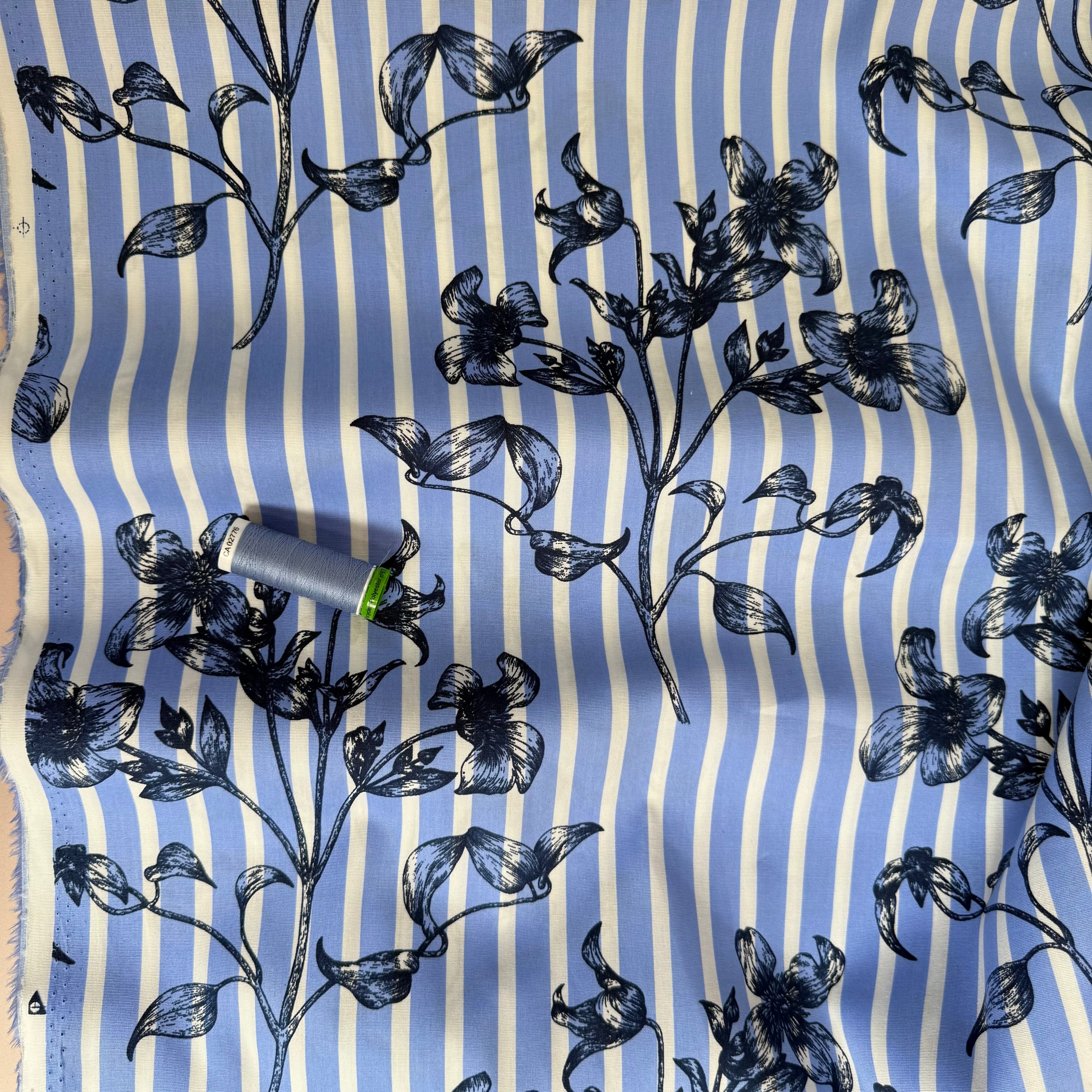 Blue Stripes and Plants Cotton Poplin Fabric