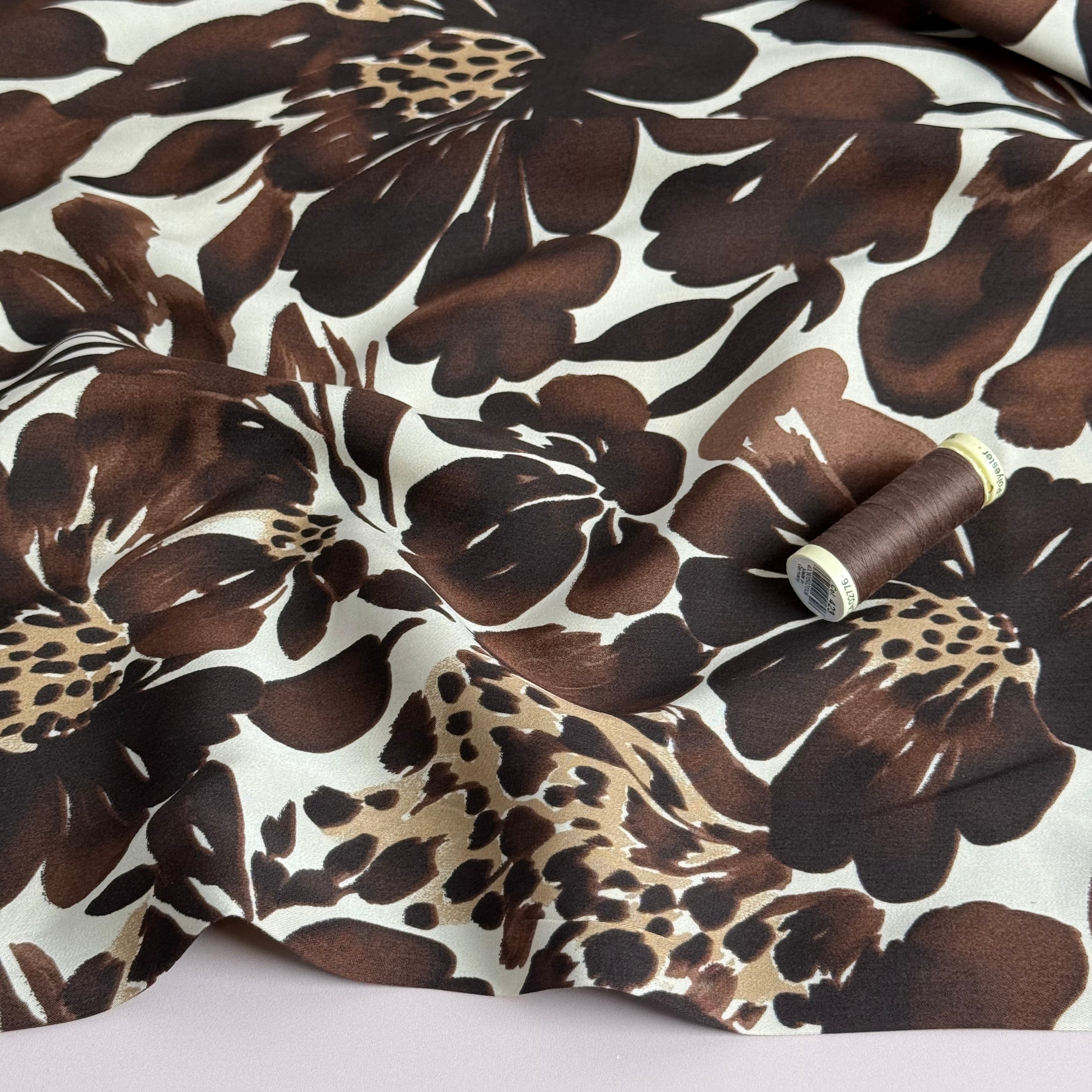 REMNANT 0.72 Metre - Brown Flower Viscose Sateen Fabric