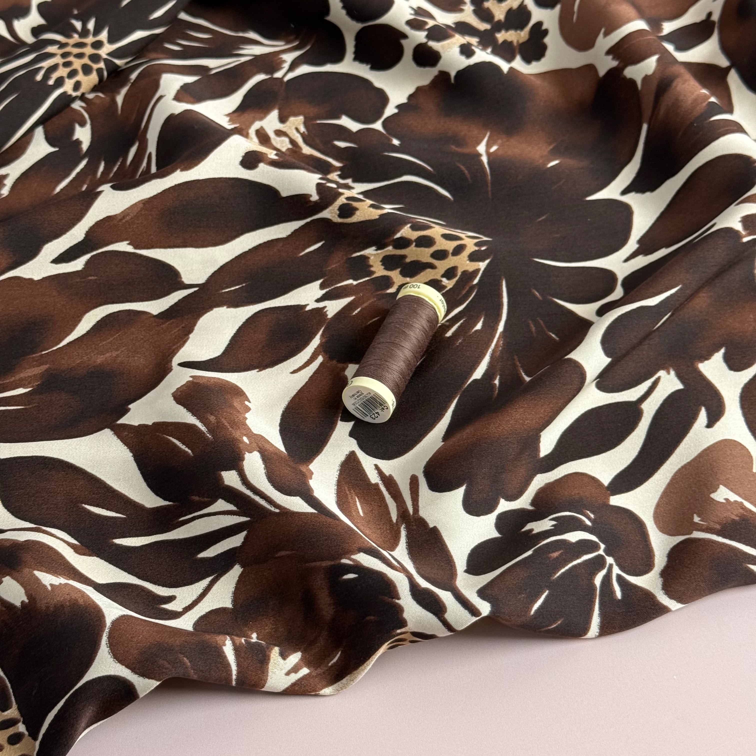 REMNANT 0.72 Metre - Brown Flower Viscose Sateen Fabric