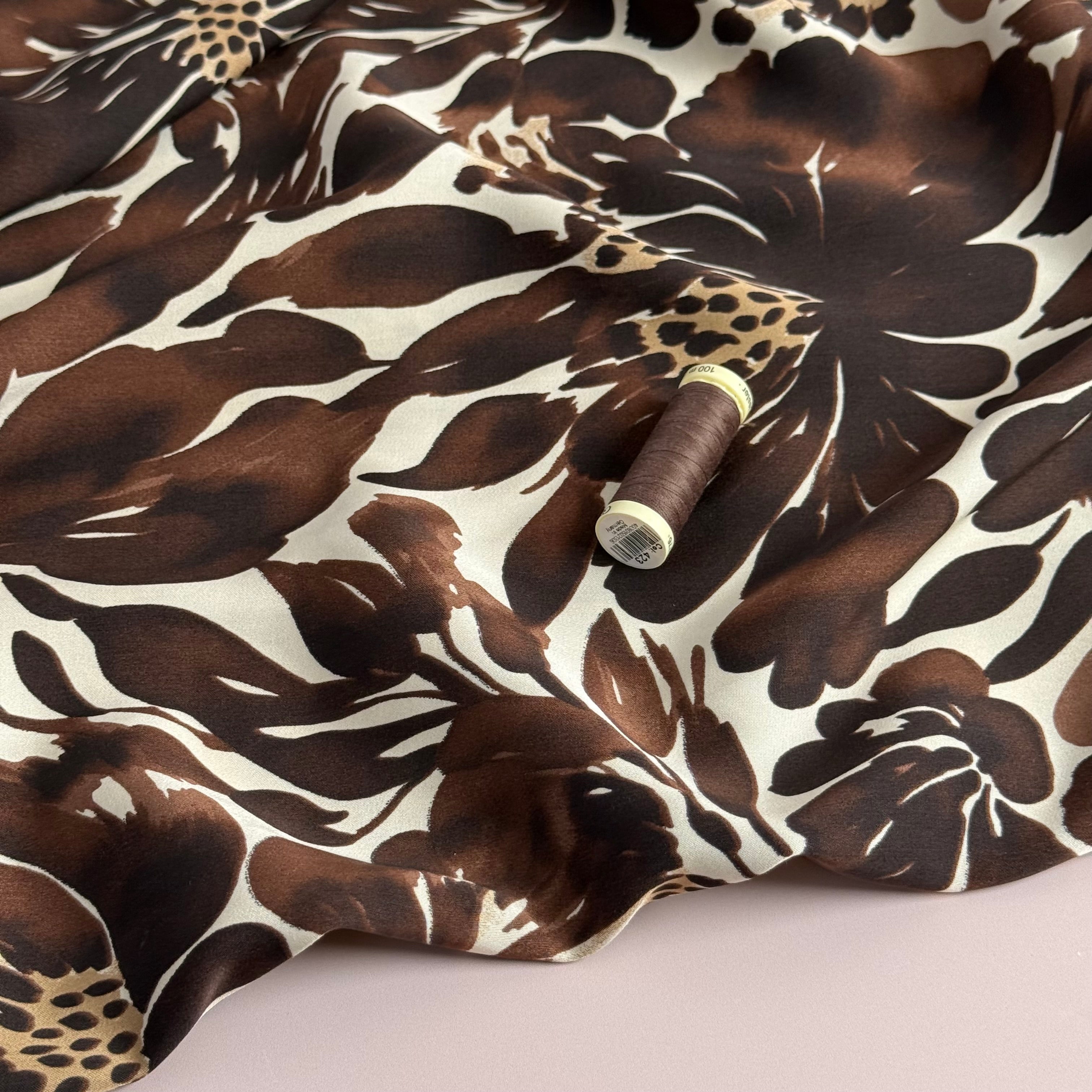 REMNANT 0.72 Metre - Brown Flower Viscose Sateen Fabric