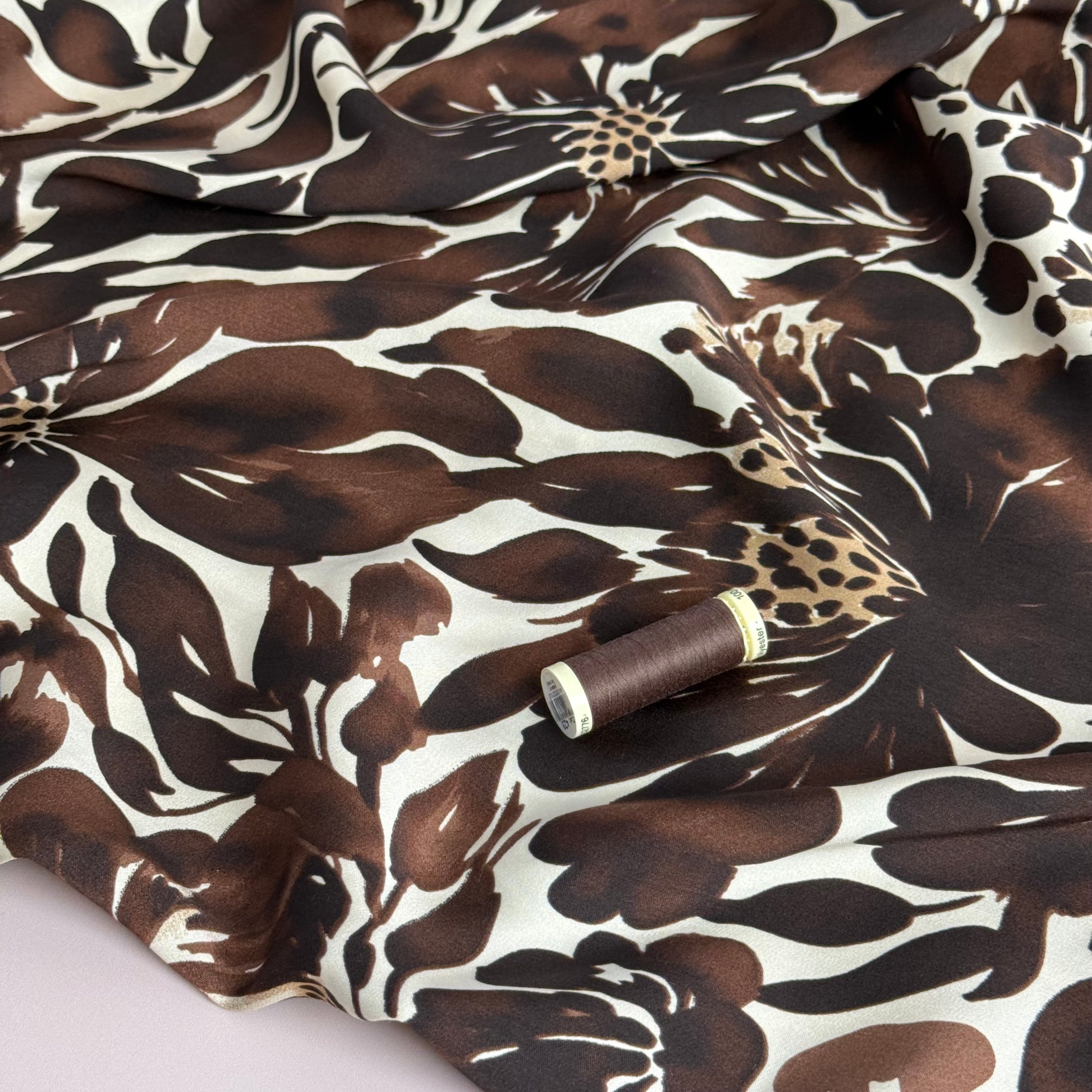 REMNANT 0.72 Metre - Brown Flower Viscose Sateen Fabric
