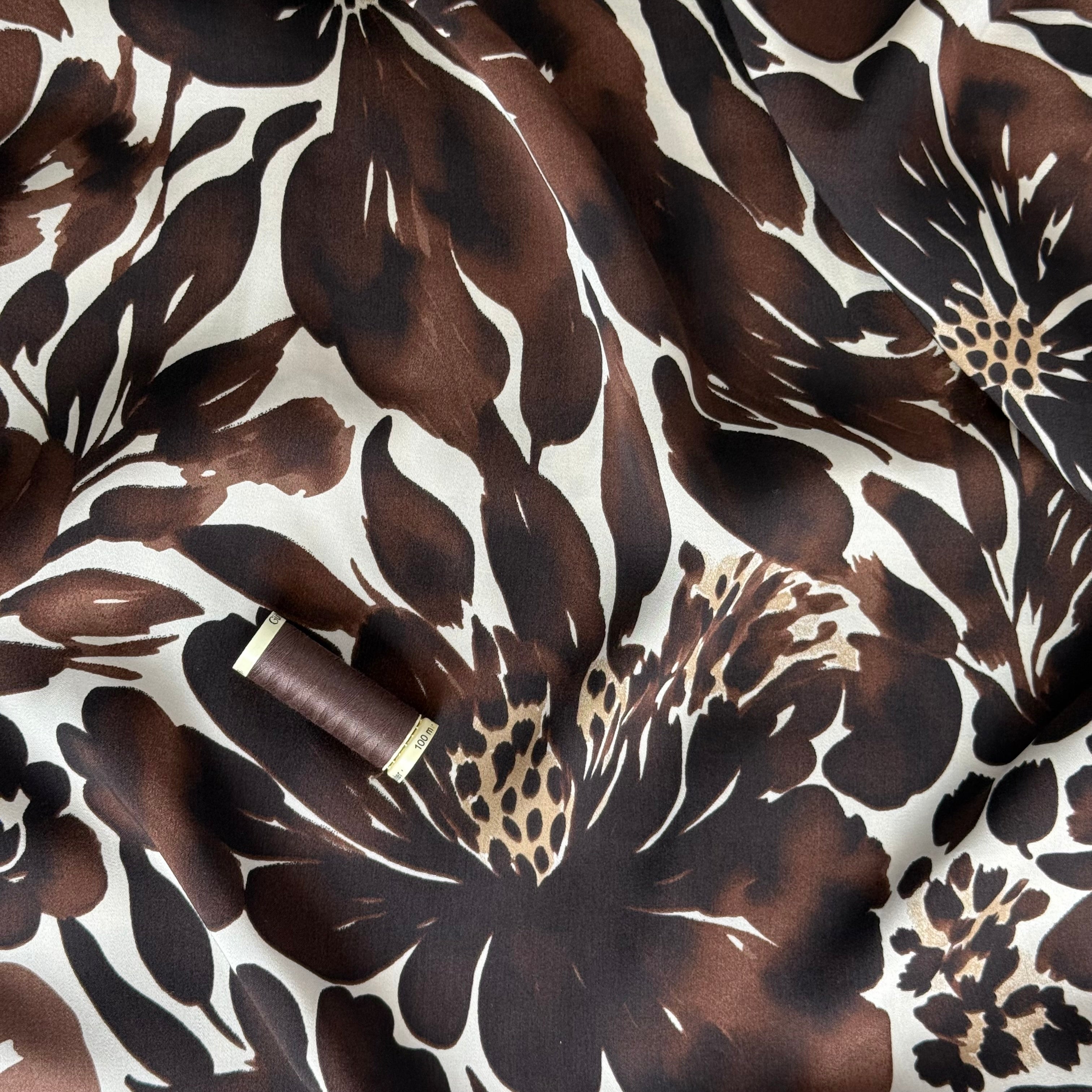 REMNANT 0.72 Metre - Brown Flower Viscose Sateen Fabric