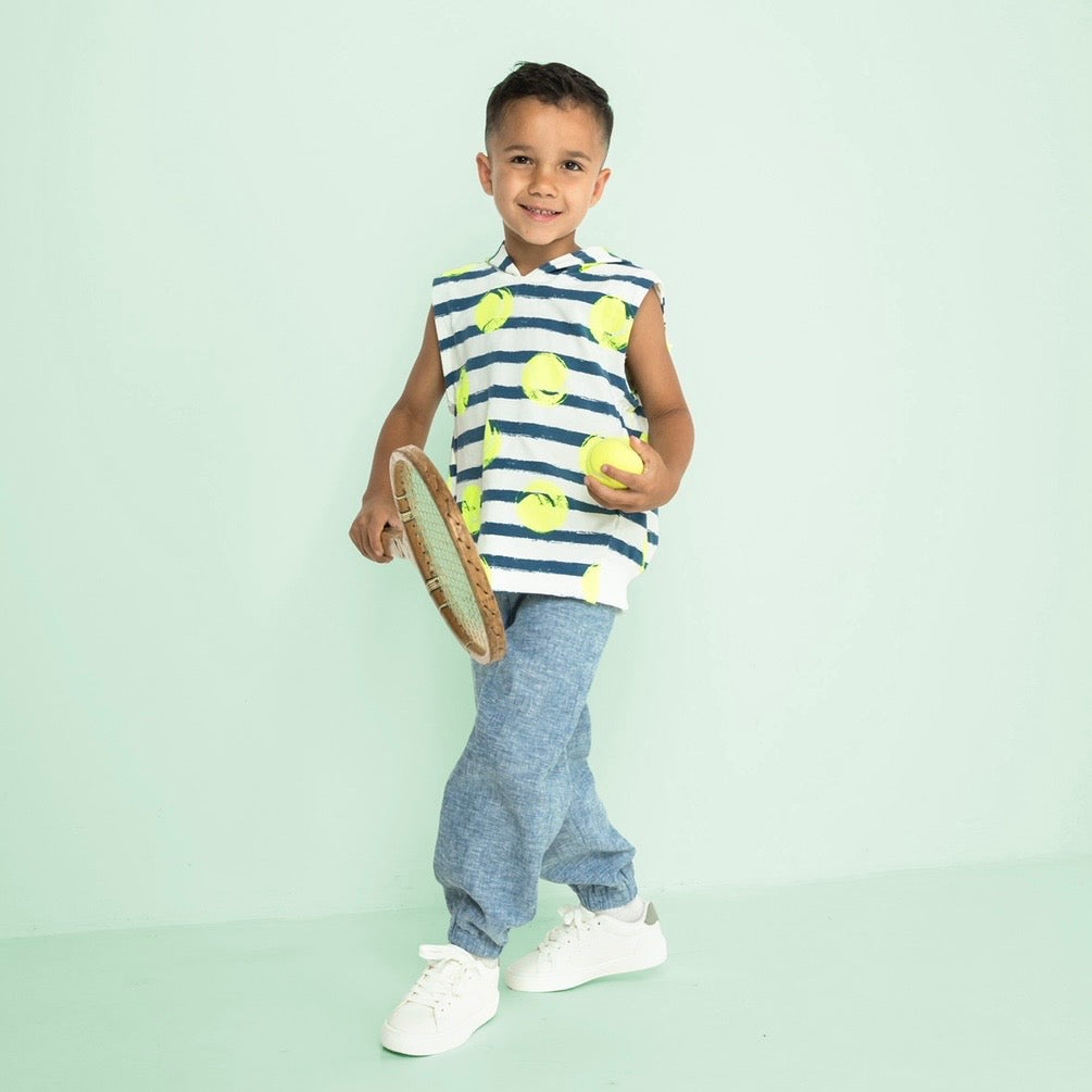 Neon Tennis Balls on Stripe Cotton French Terry