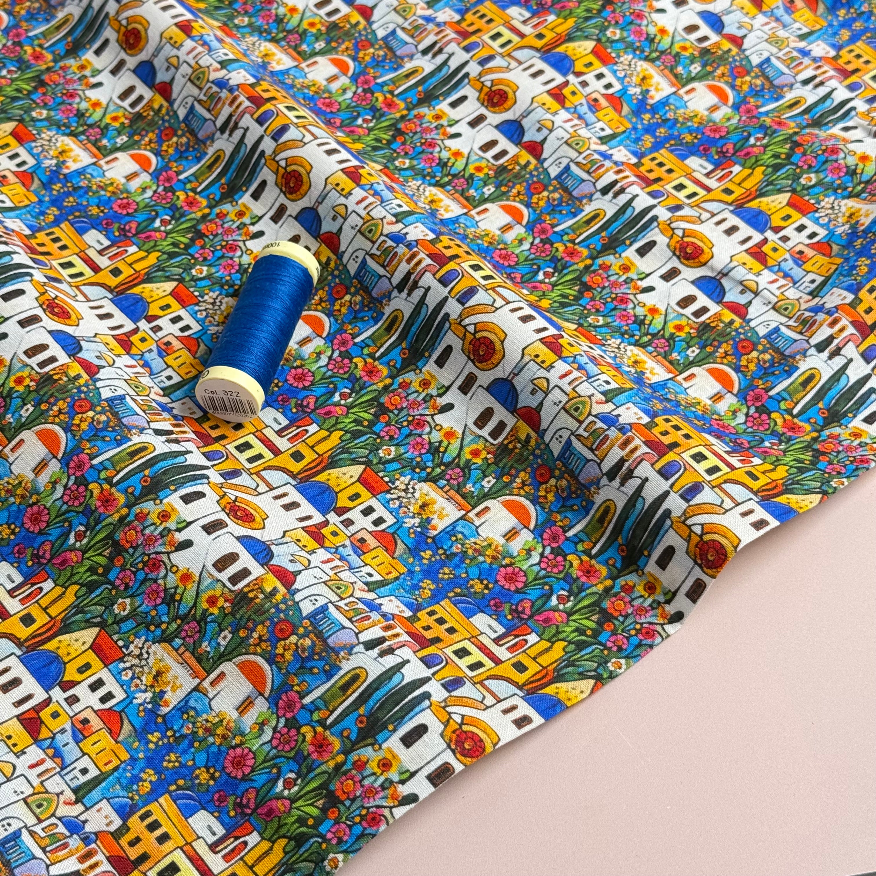 REMNANT 0.5 Metre - Santorini Views Soft Cotton Fabric