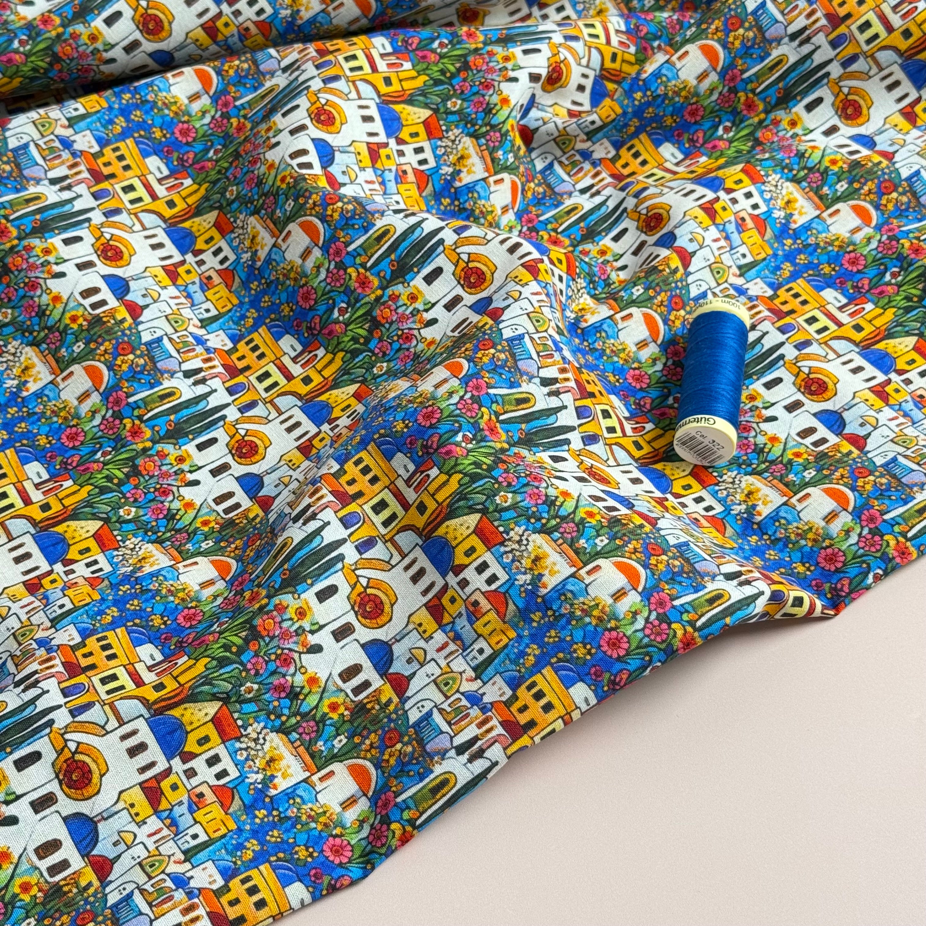 REMNANT 0.5 Metre - Santorini Views Soft Cotton Fabric
