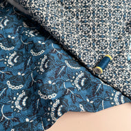 REMNANT 0.18 Metre - Damask Flowers on Ocean Blue Quilted Cotton Fabric