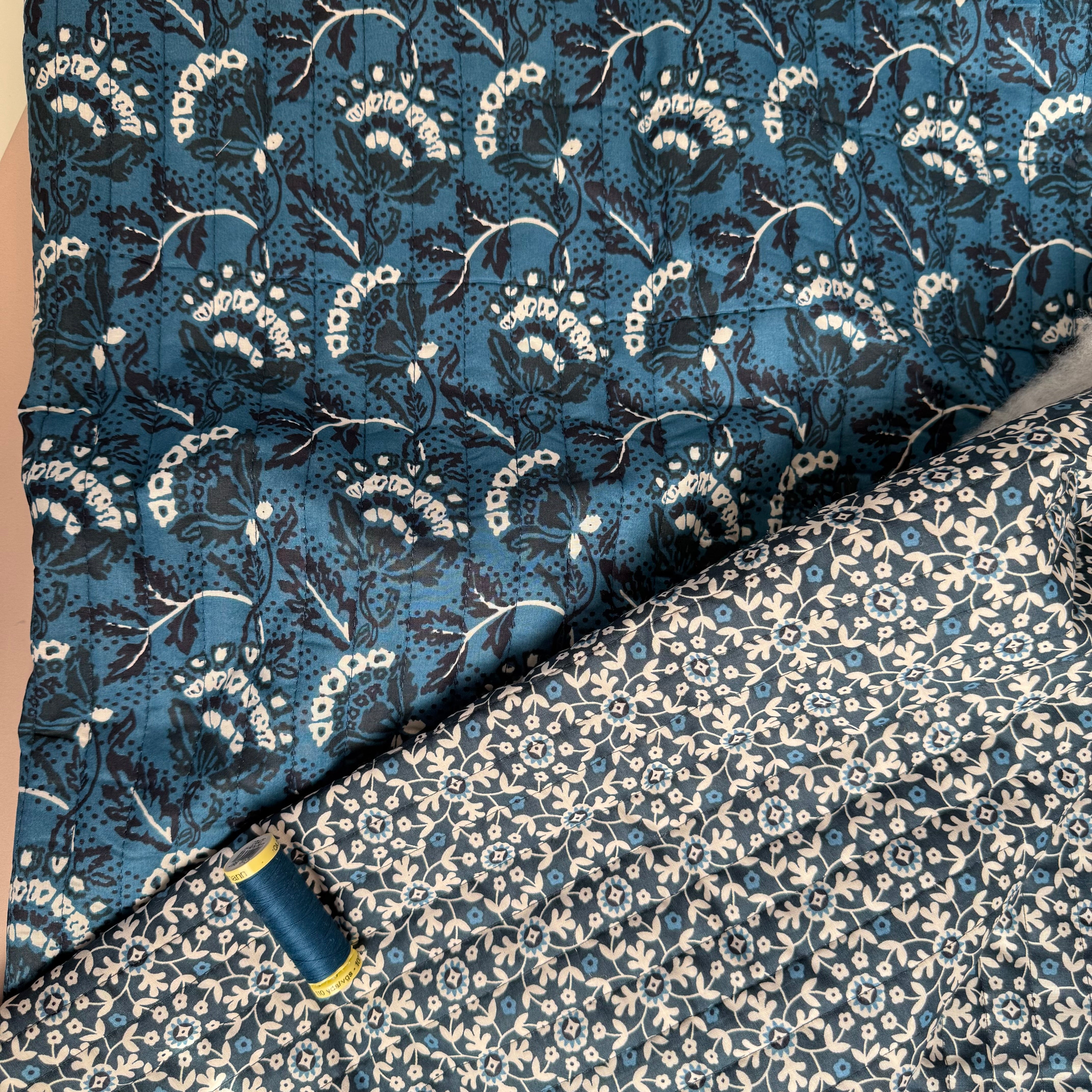Damask Flowers on Ocean Blue Quilted Cotton Fabric
