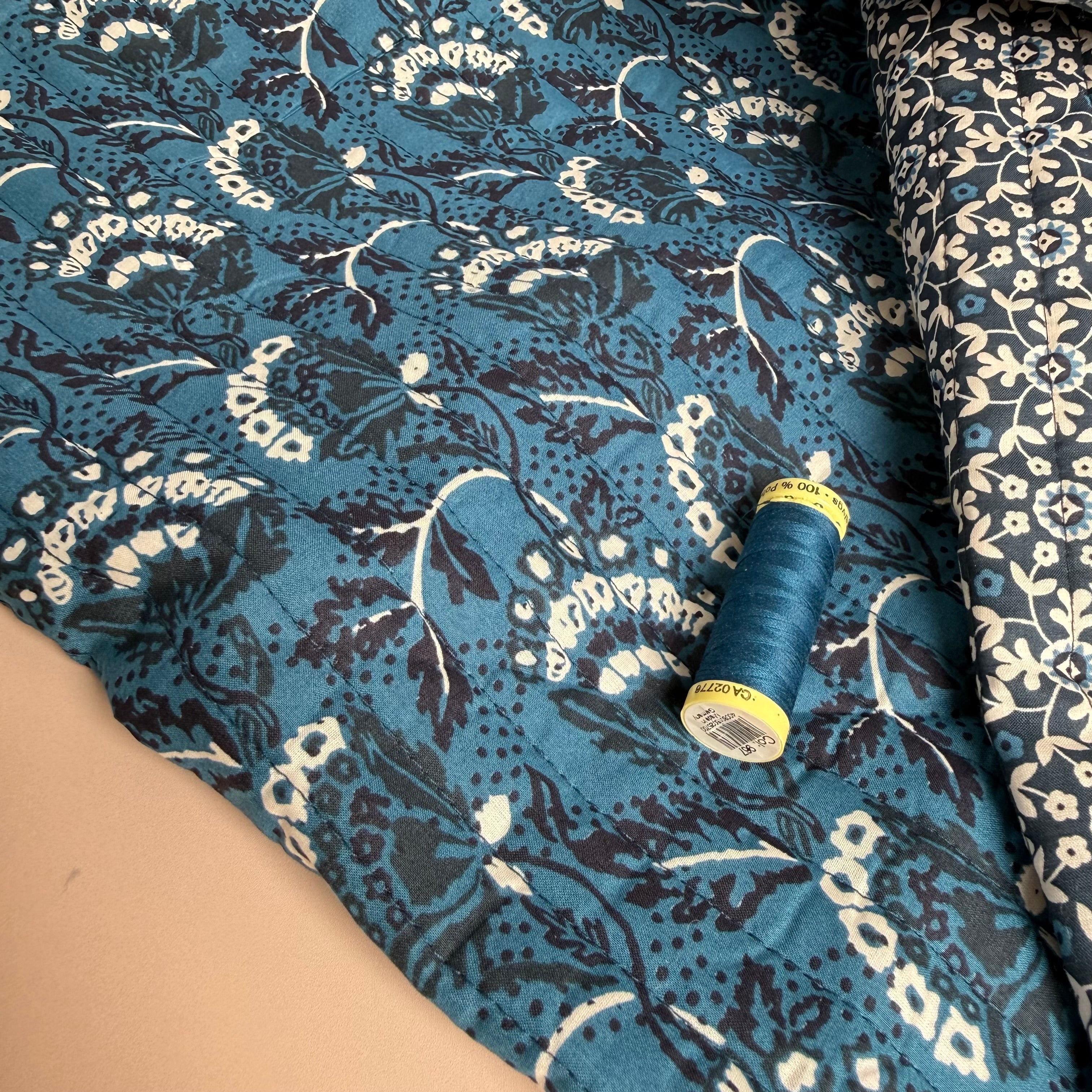 Damask Flowers on Ocean Blue Quilted Cotton Fabric