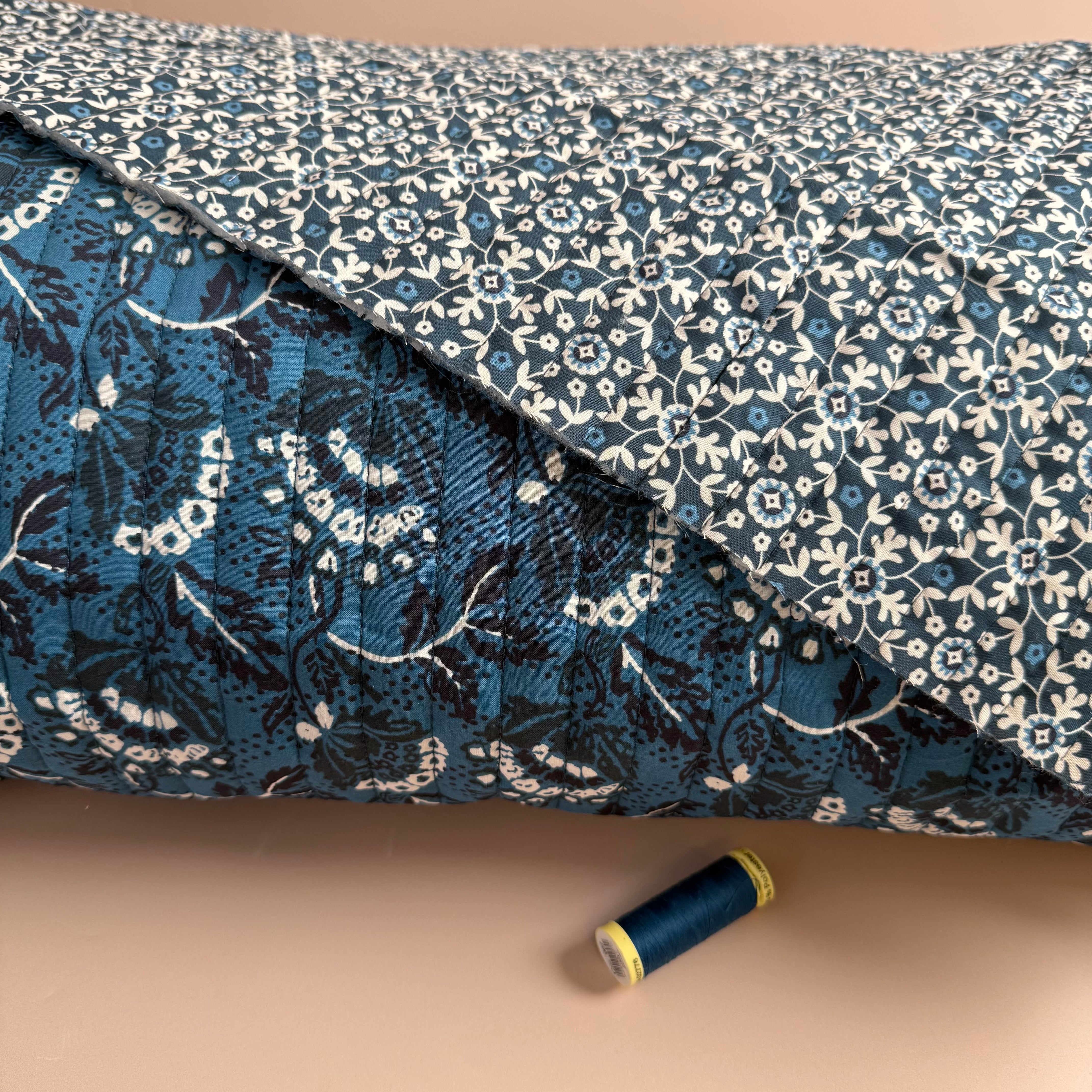 Damask Flowers on Ocean Blue Quilted Cotton Fabric