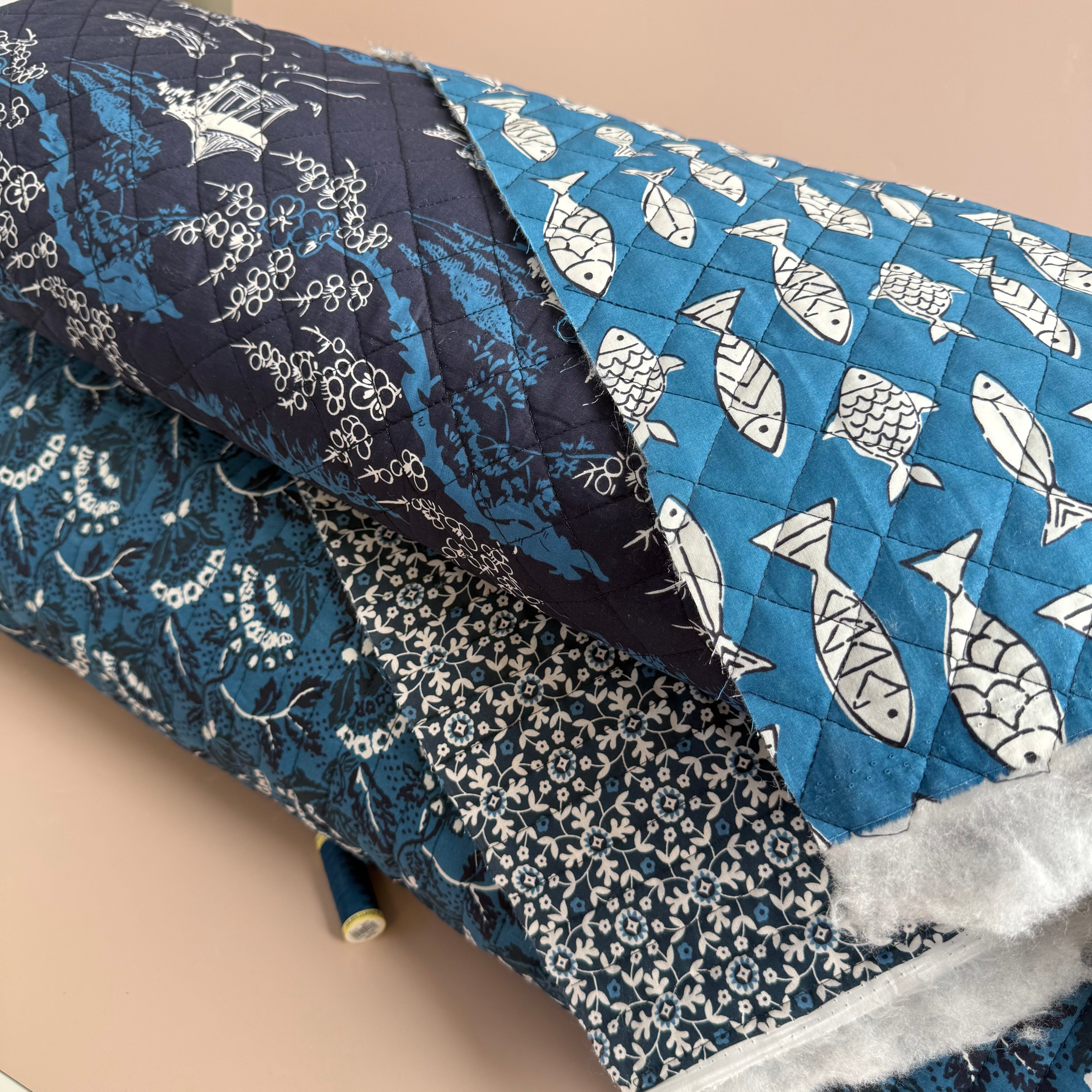 Damask Flowers on Ocean Blue Quilted Cotton Fabric