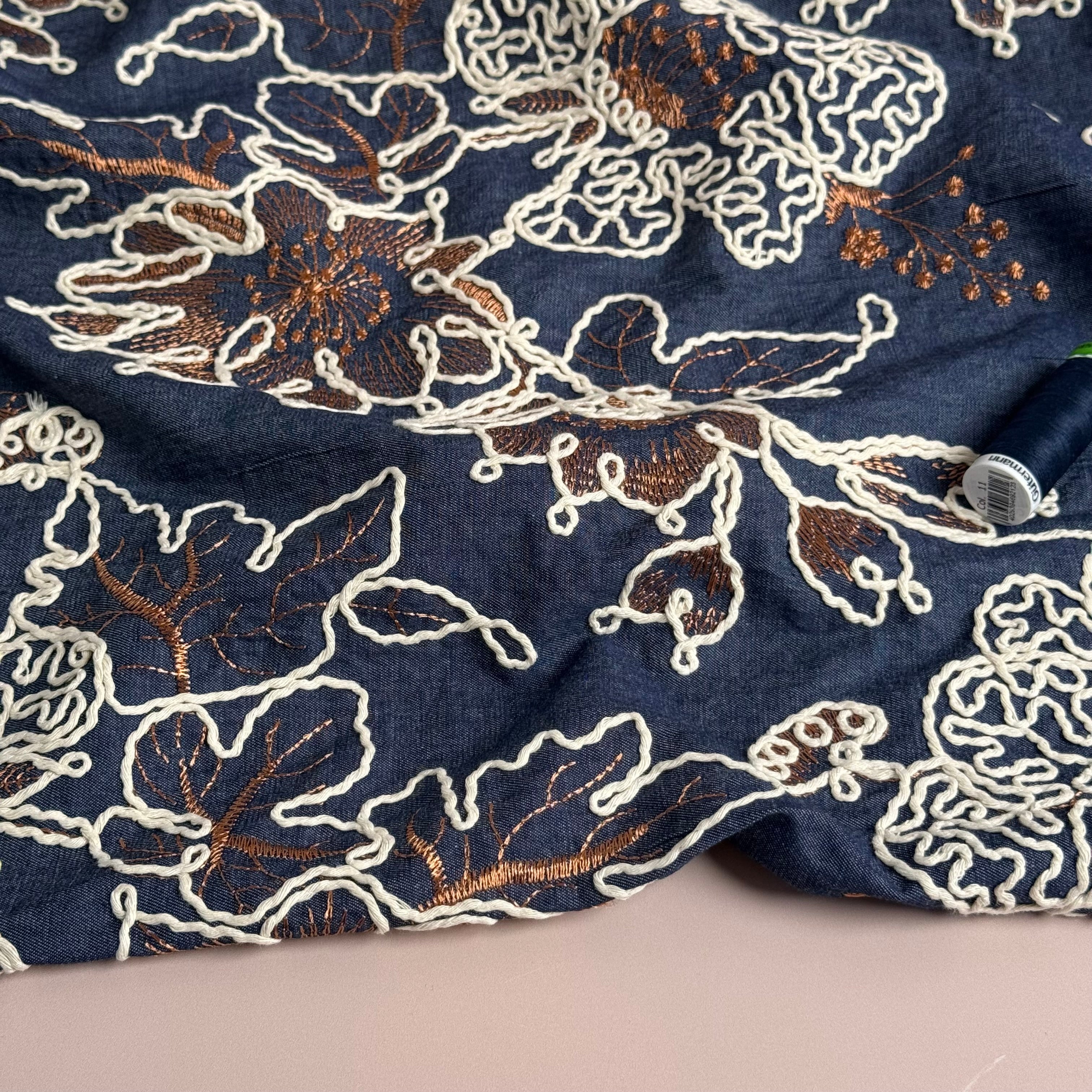 Cotton Denim with Embroidered White & Copper Flowers