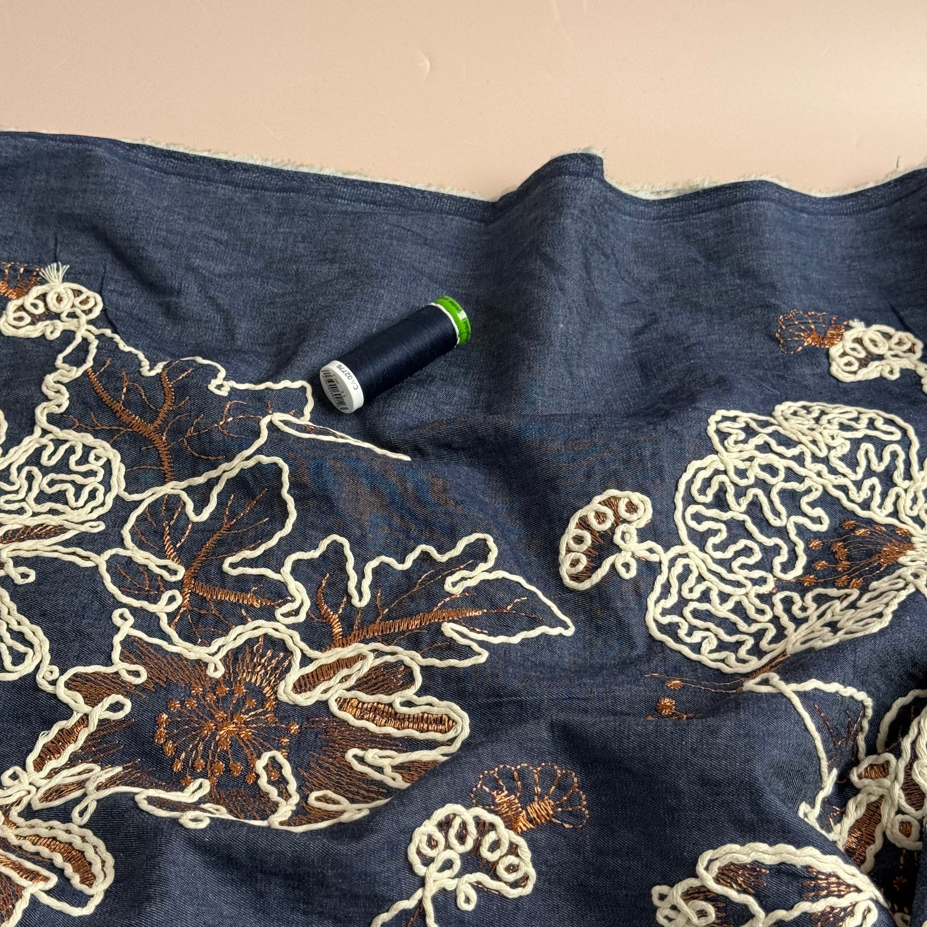 Cotton Denim with Embroidered White & Copper Flowers