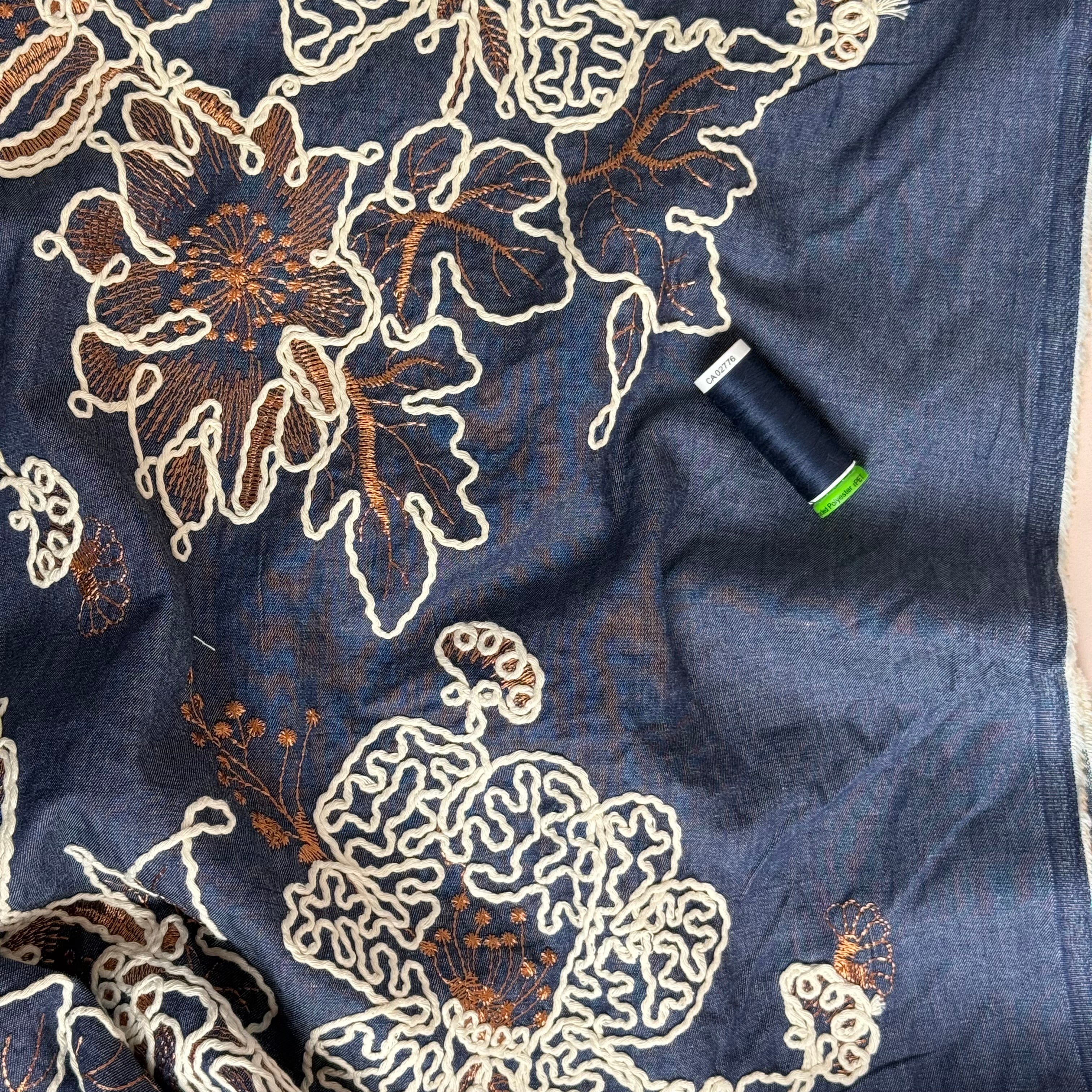 Cotton Denim with Embroidered White & Copper Flowers