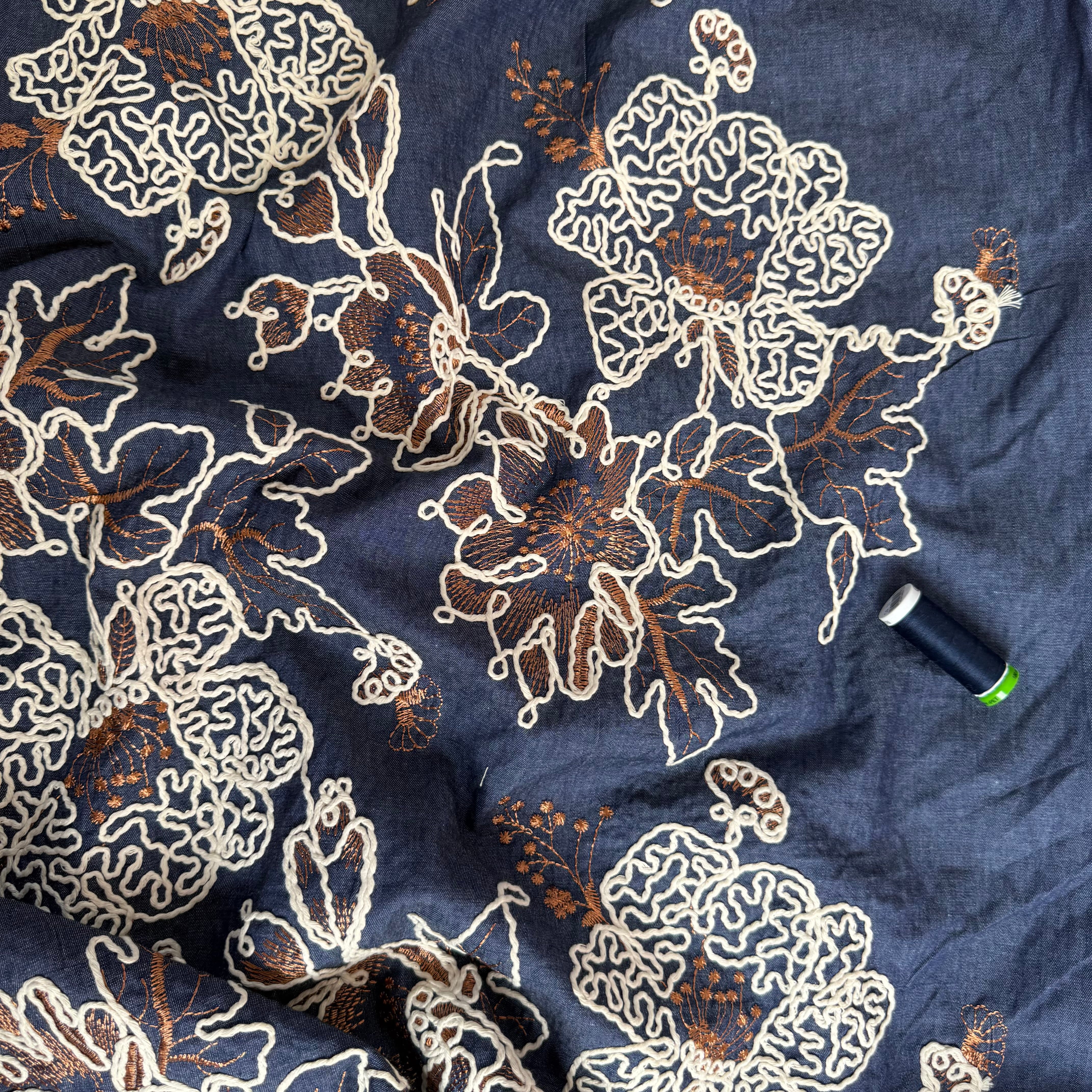 Cotton Denim with Embroidered White & Copper Flowers
