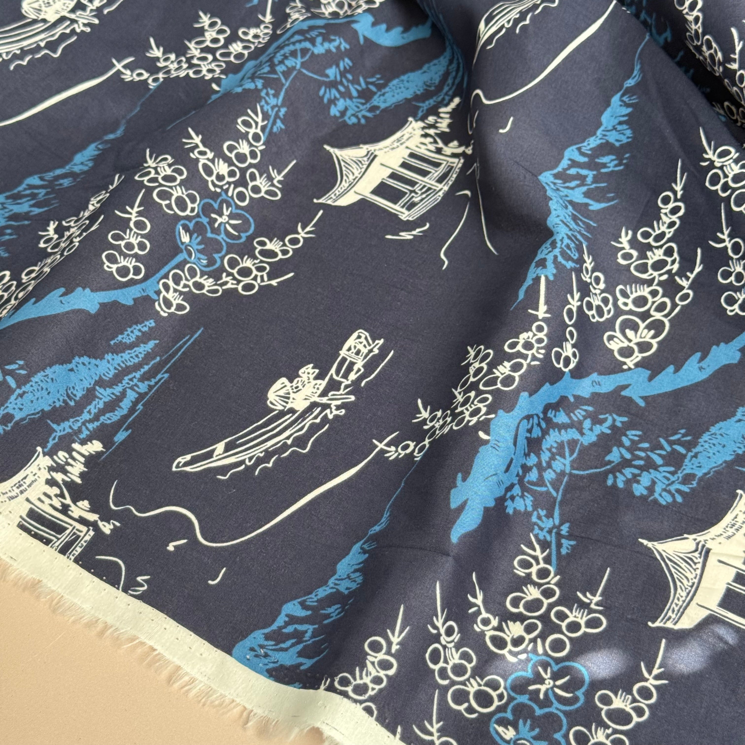 Oriental Garden Dark Navy Cotton Voile Fabric