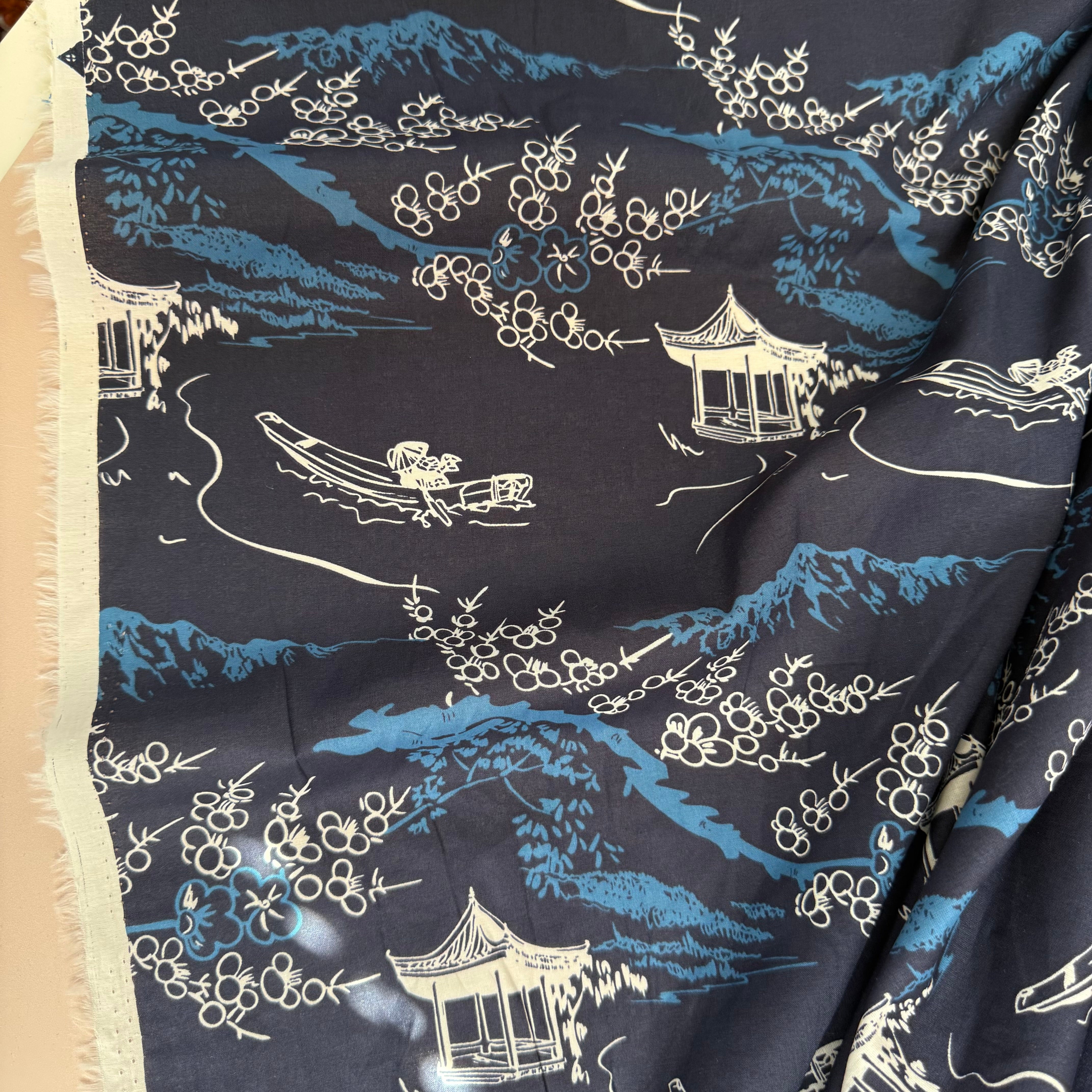 Oriental Garden Dark Navy Cotton Voile Fabric