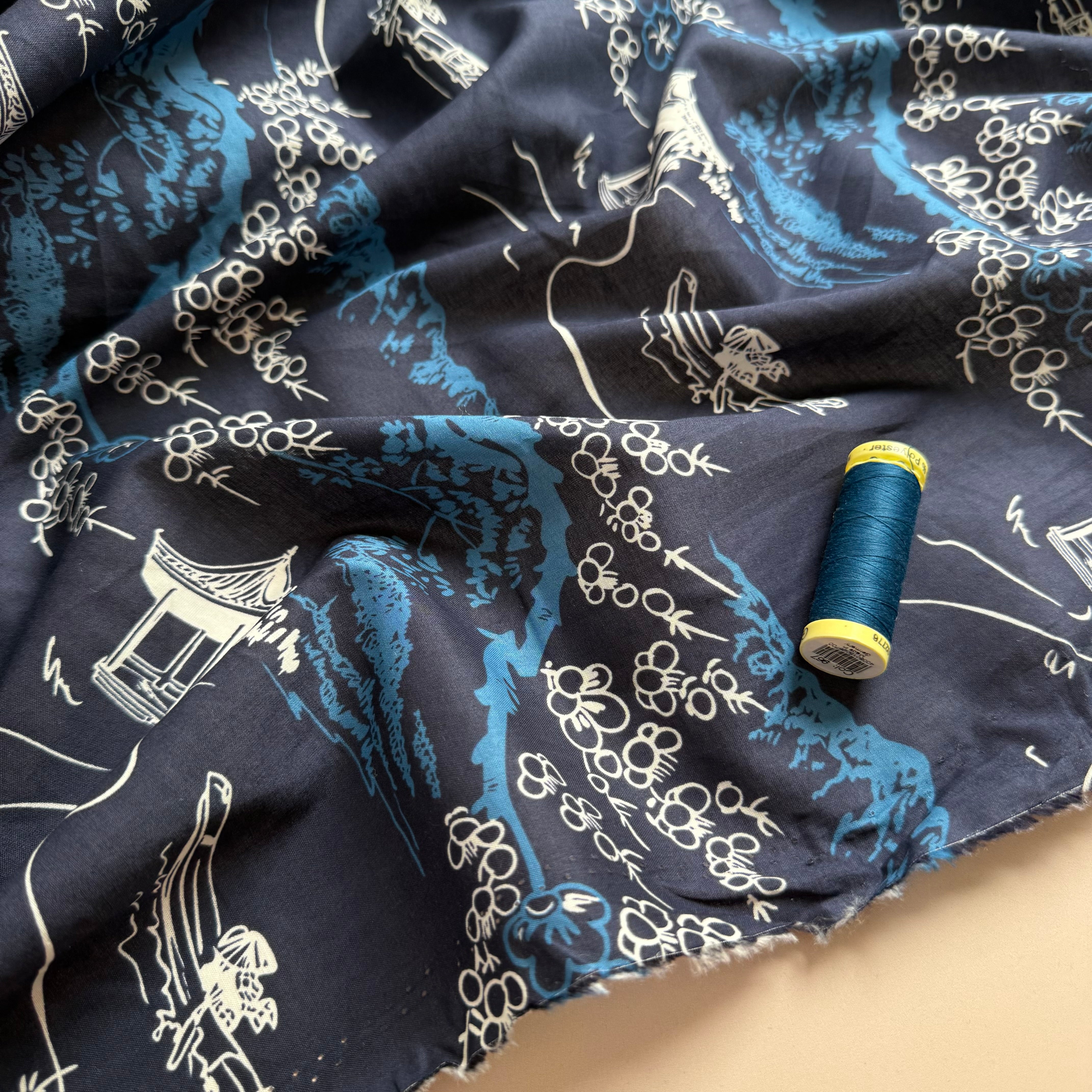Oriental Garden Dark Navy Cotton Voile Fabric