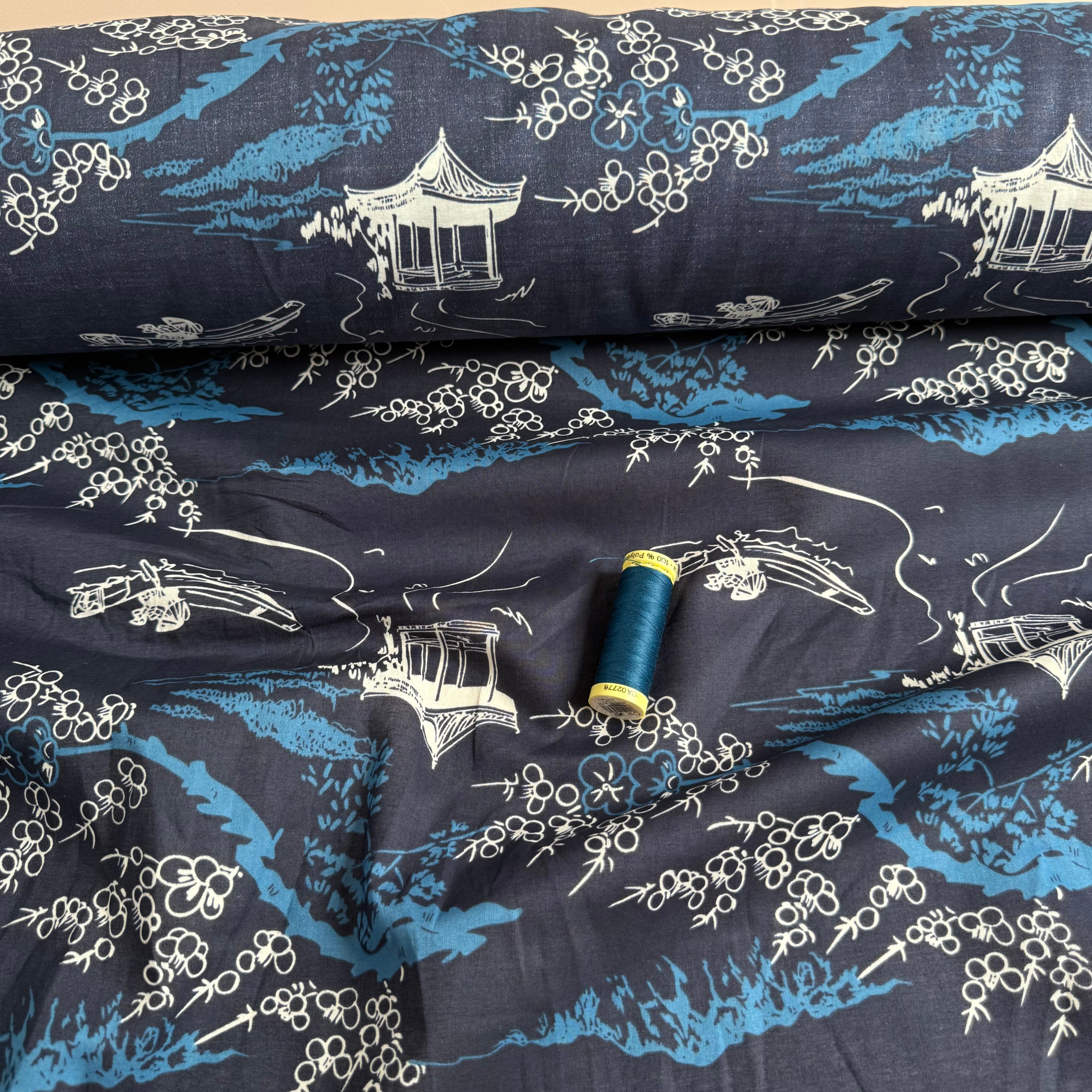 Oriental Garden Dark Navy Cotton Voile Fabric