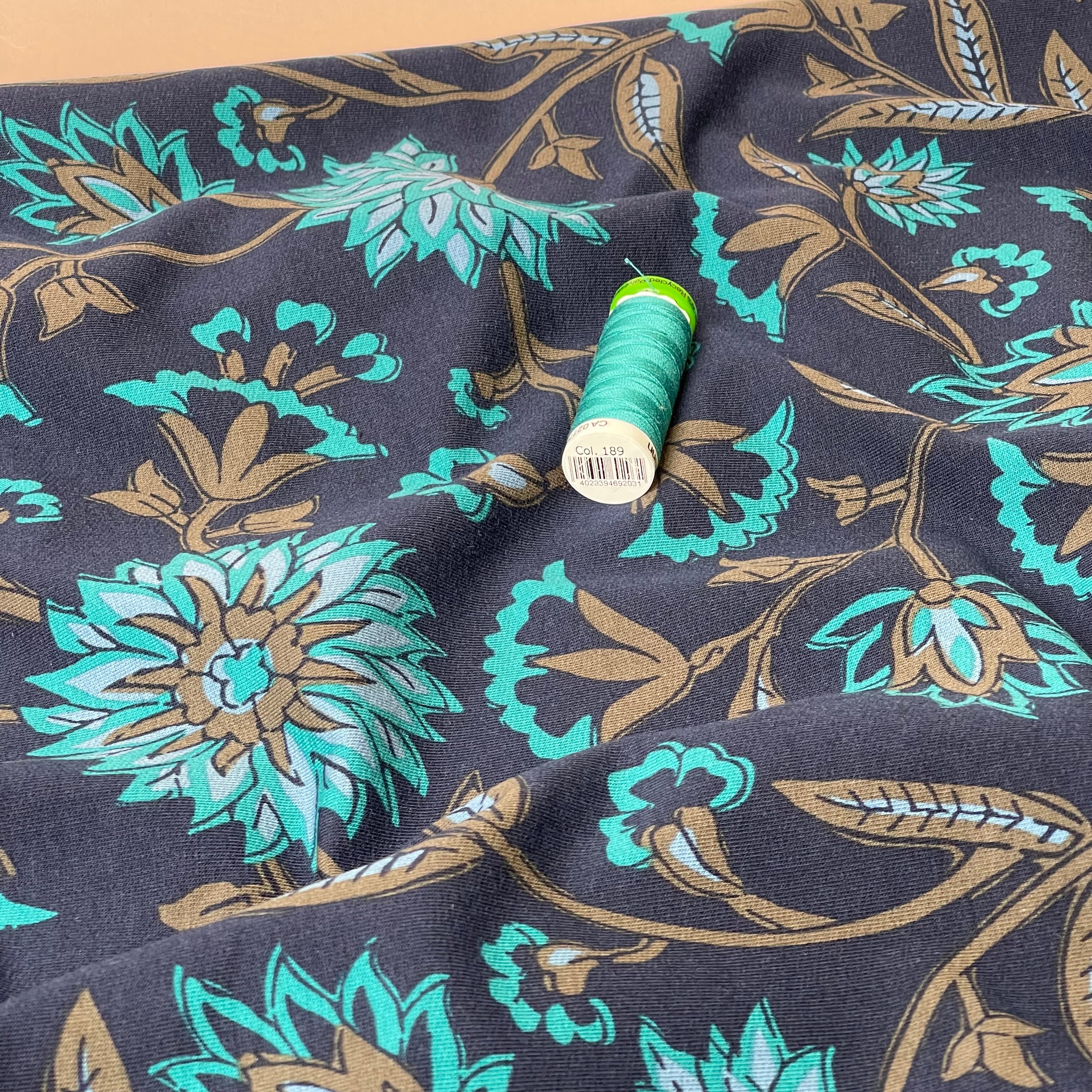 Teal Flowers Cotton French Terry