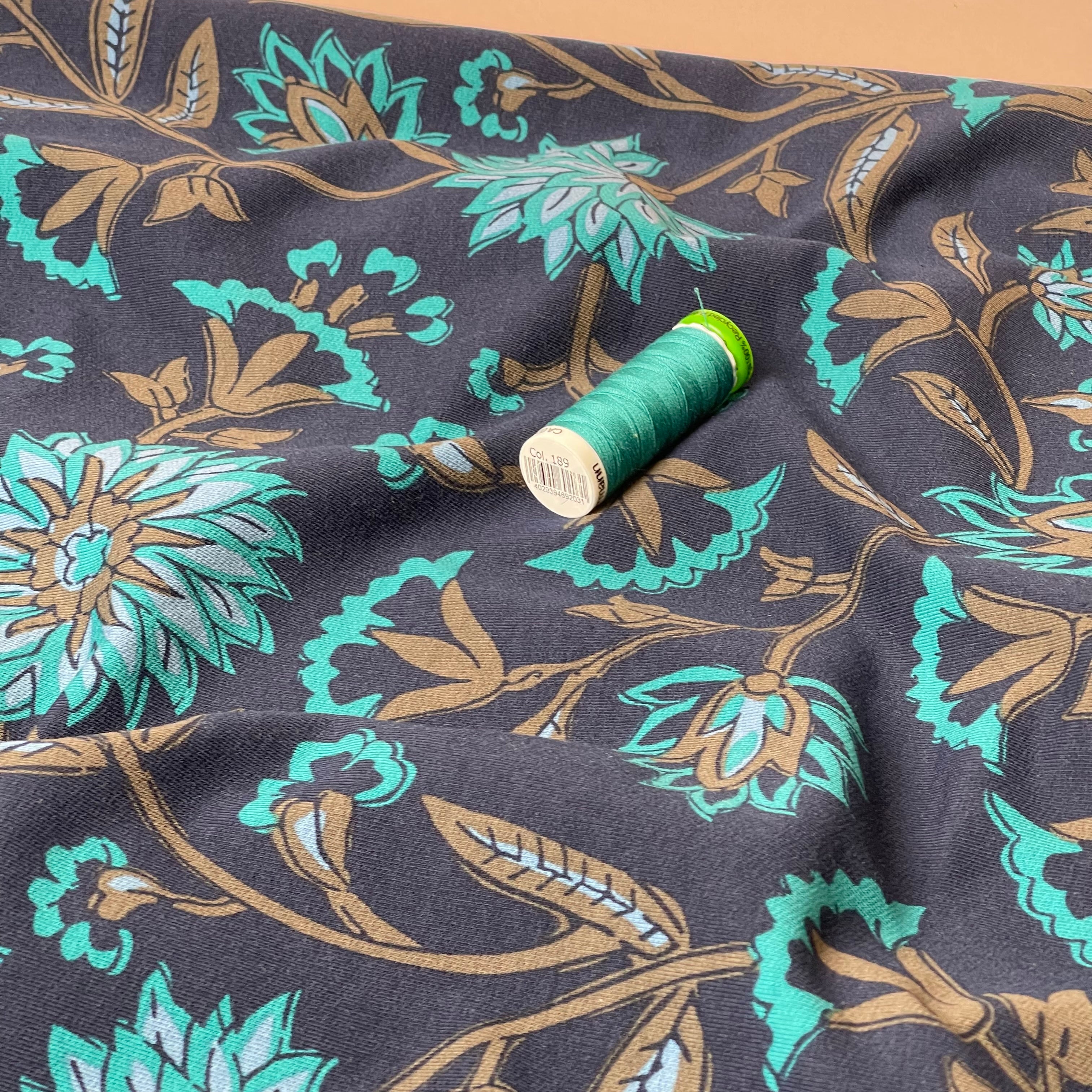Teal Flowers Cotton French Terry
