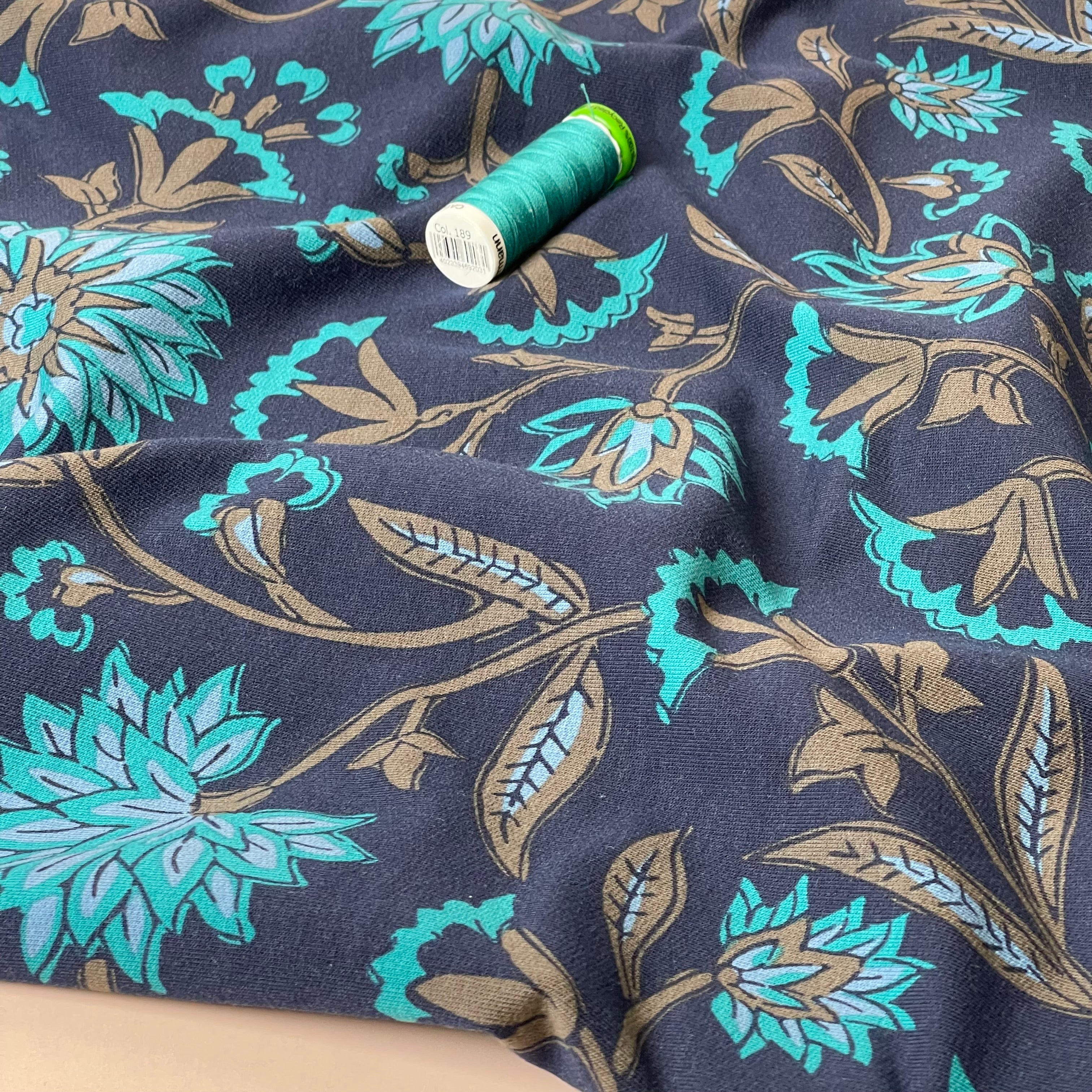 Teal Flowers Cotton French Terry