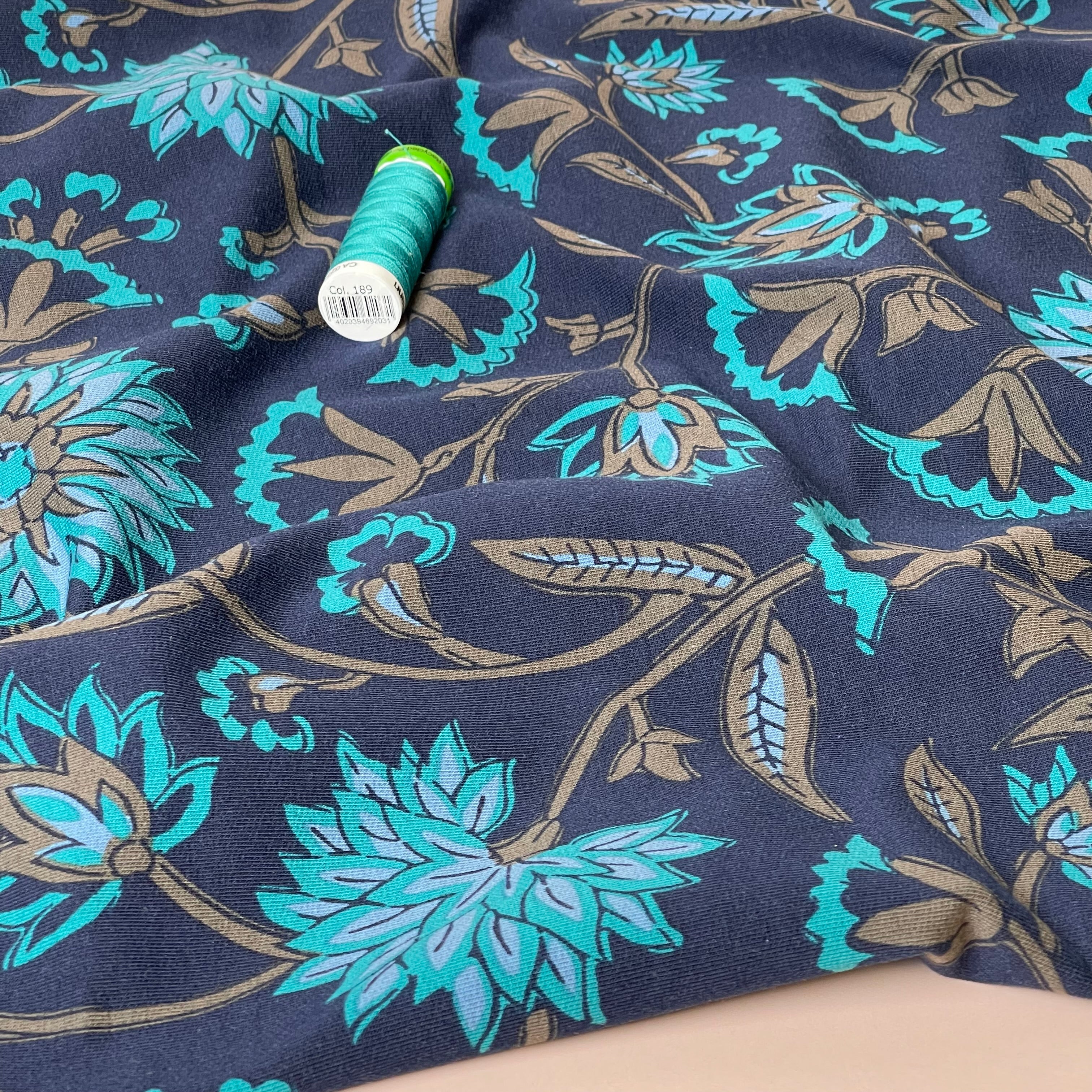 Teal Flowers Cotton French Terry