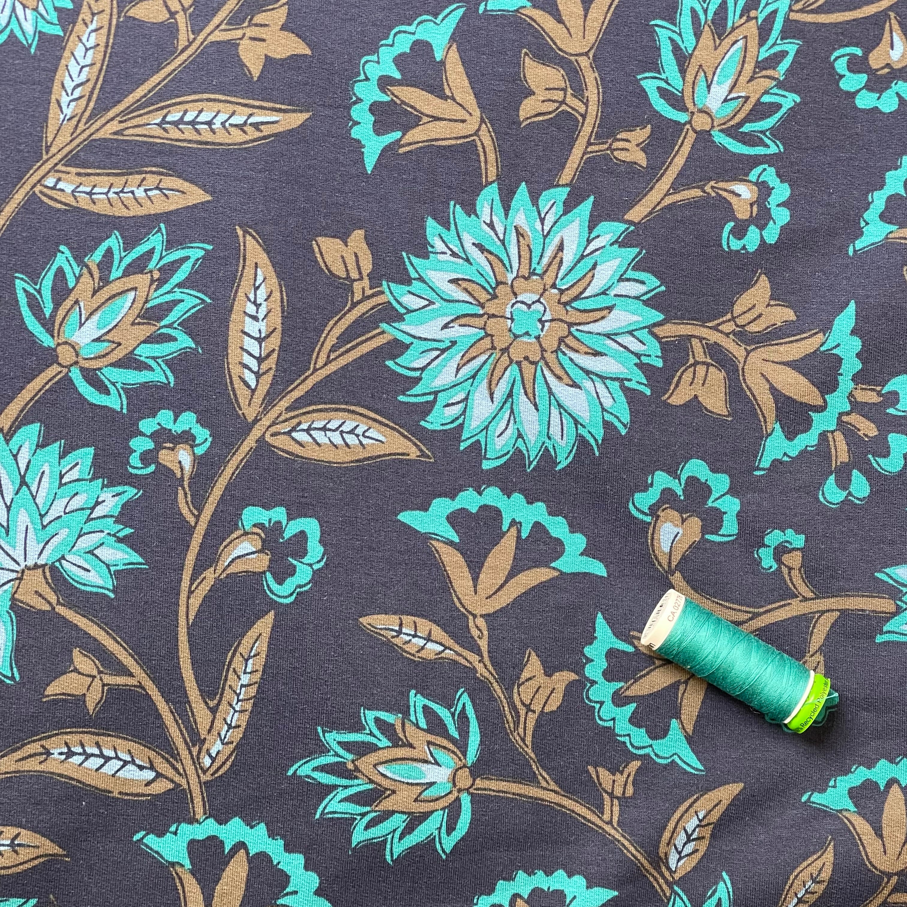 Teal Flowers Cotton French Terry