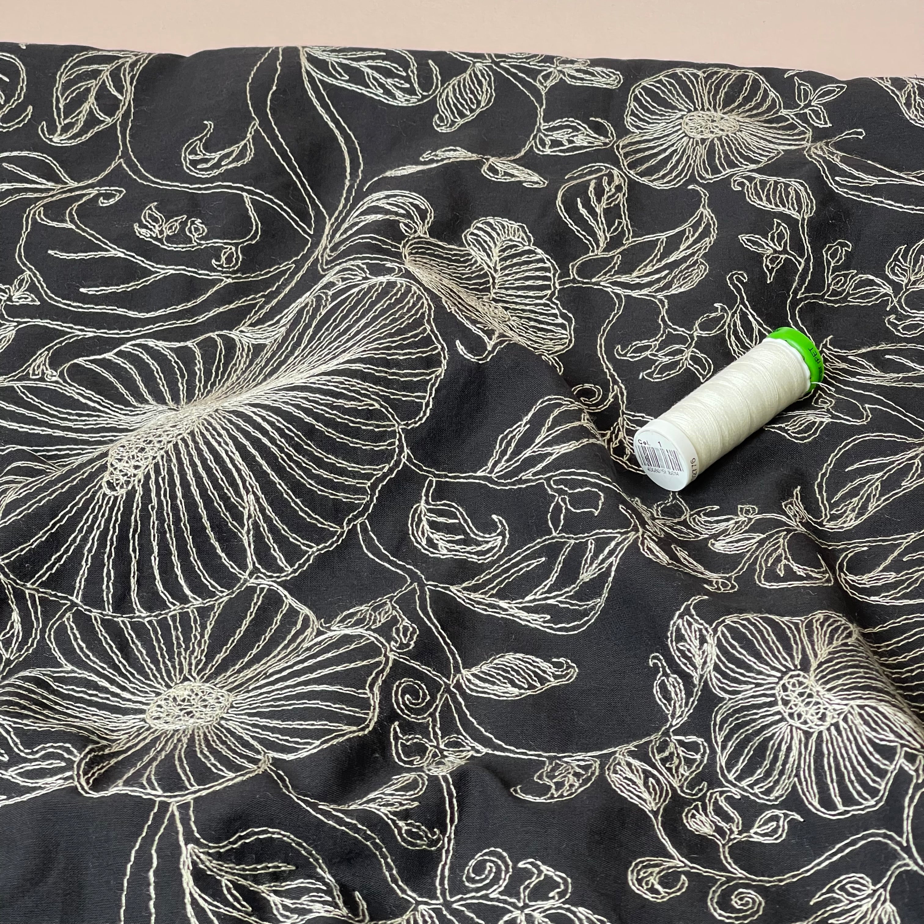 Embroidered Florals on Black Cotton Fabric