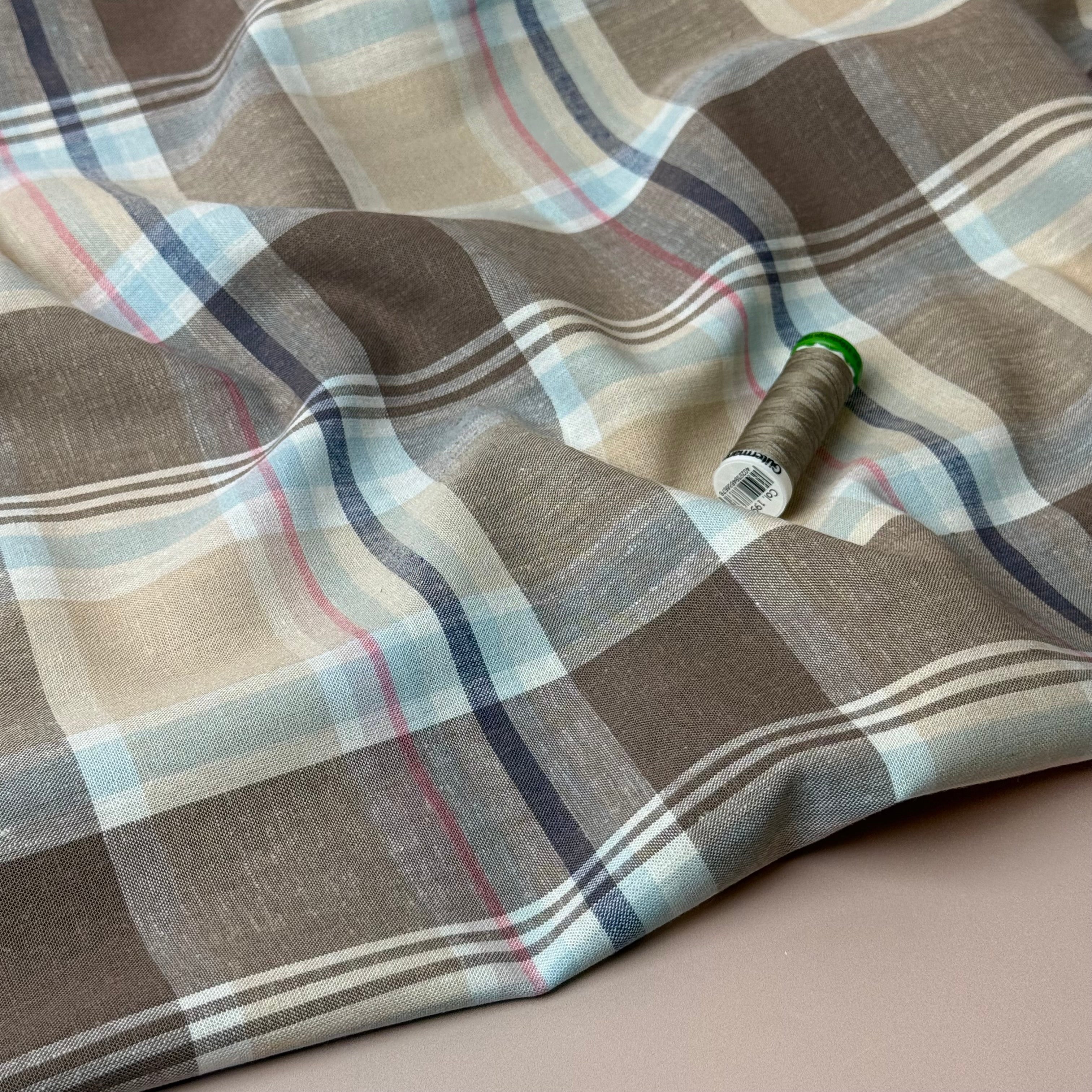 Yarn Dyed Oatmeal Checks Linen Viscose Fabric