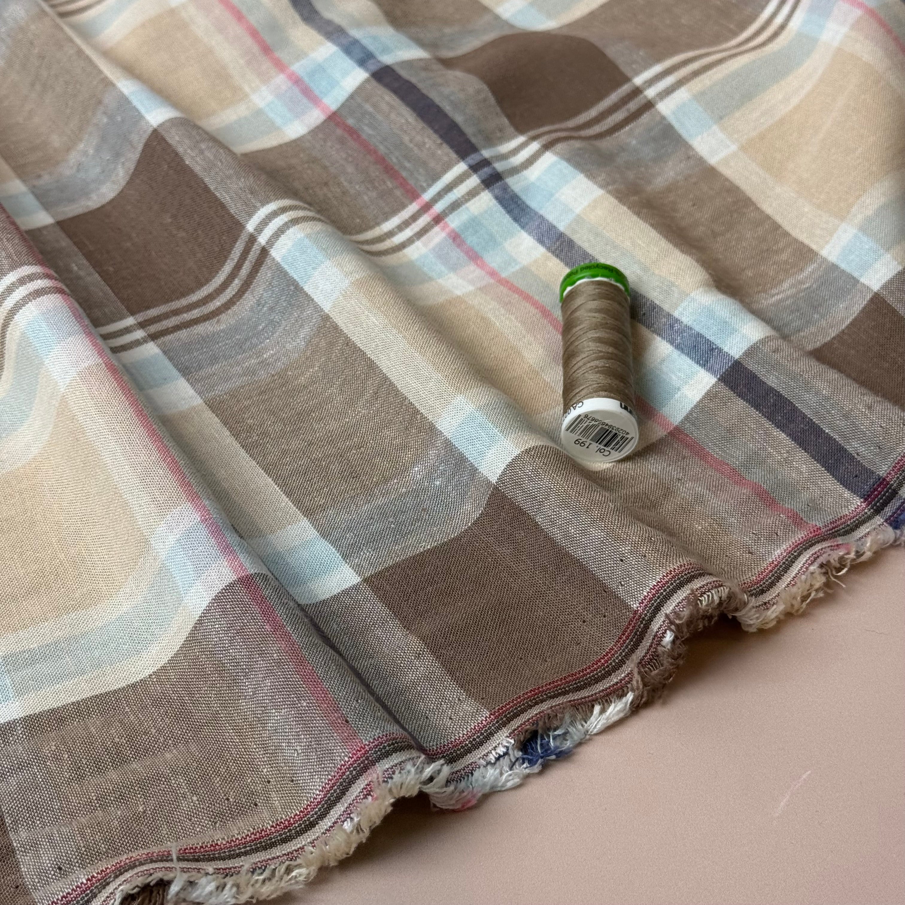 Yarn Dyed Oatmeal Checks Linen Viscose Fabric