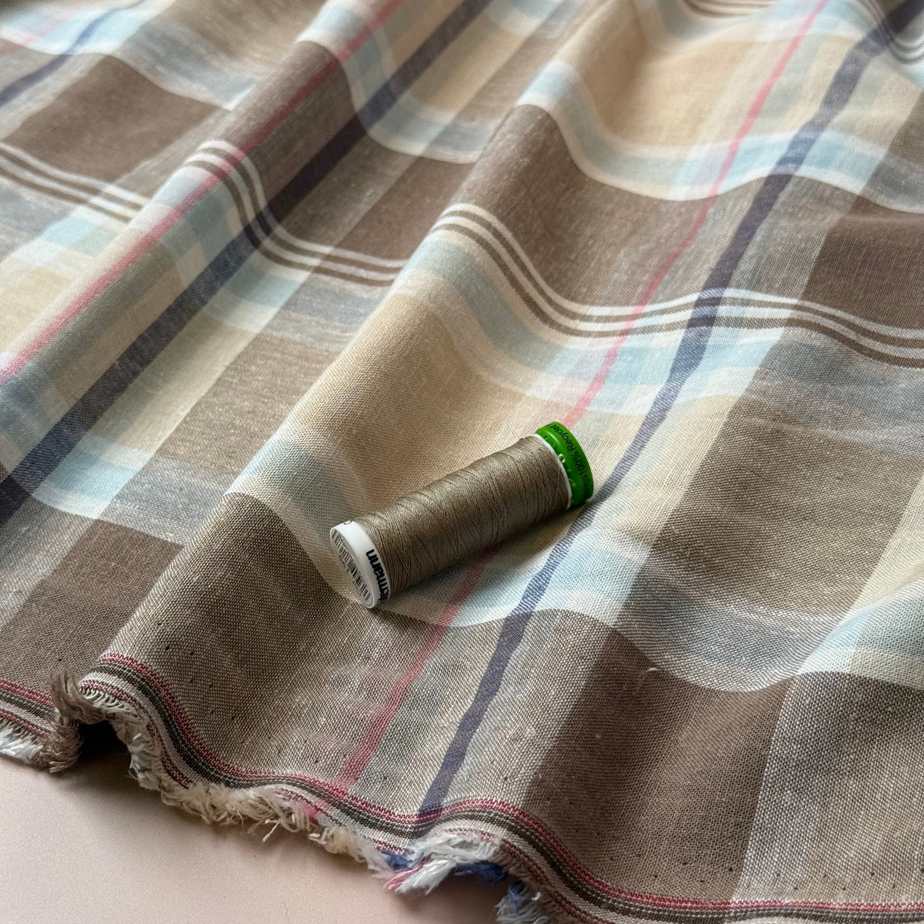 Yarn Dyed Oatmeal Checks Linen Viscose Fabric